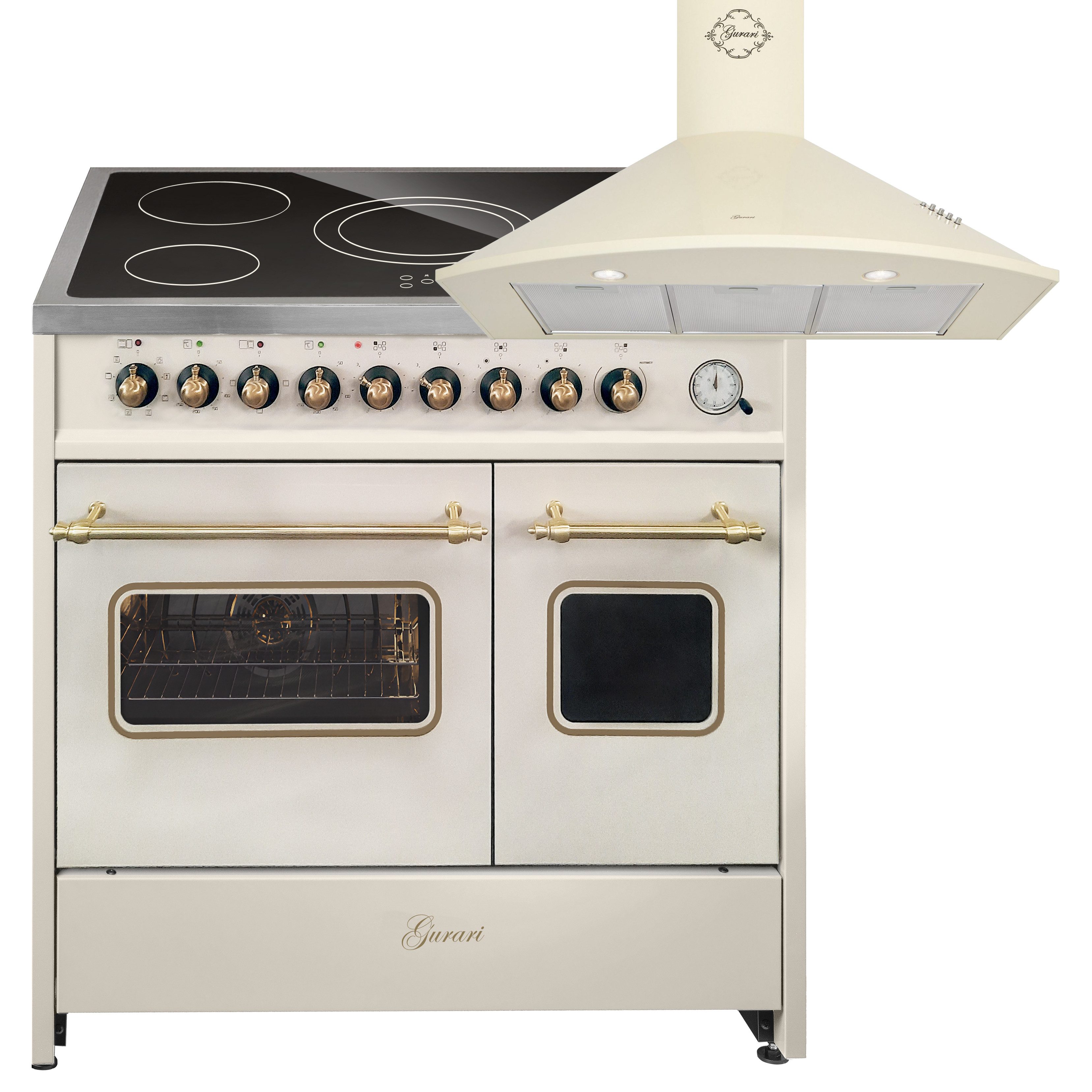 Elektro-Standherd Glaskeramik Herd 90 cm Creme Range Cooker Elektro Doppelbackofen+Dunstabzugshaube 90cm GCH E 912 DF Cr r+GCH C 046 BG 9