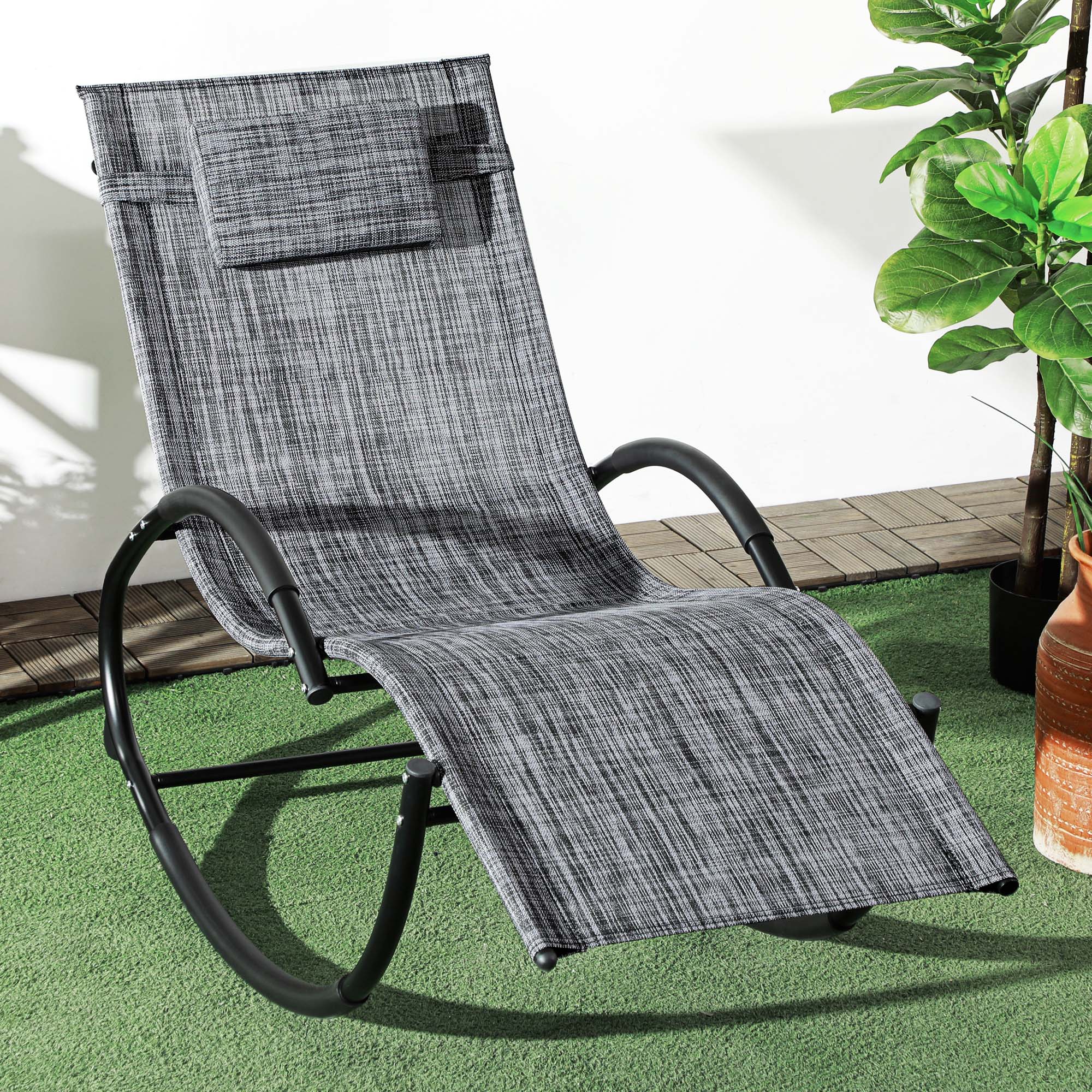 Outsunny Schaukelstuhl Gartenstuhl Liegestuhl, inkl. Kopfstütze, 155 cm x 61cm x 88 cm, Grau