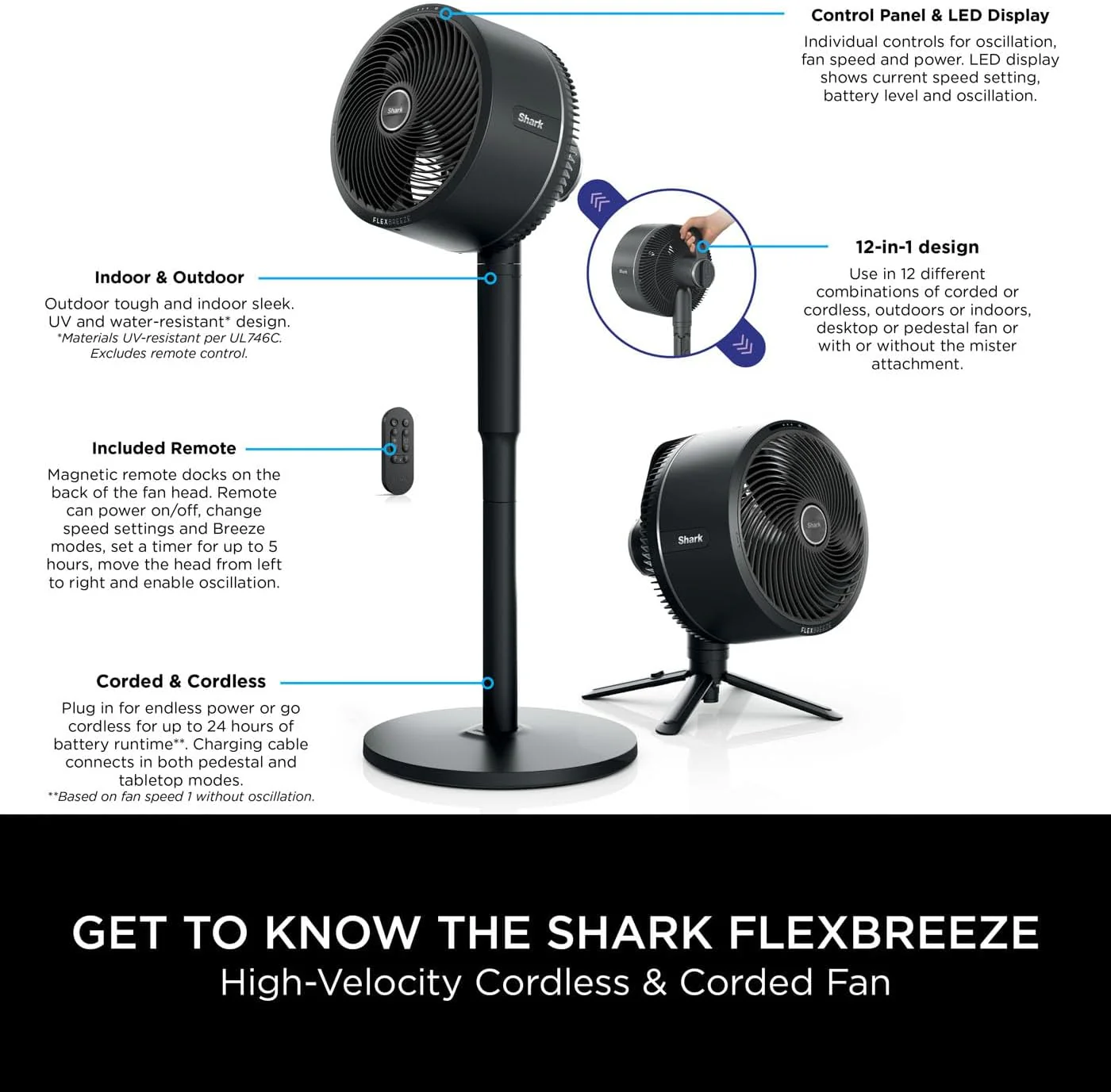 Shark FlexBreeze 2-in-1 Ventilator met hoge snelheid, hybride ventilator met snoer en draadloos, voor binnen en buiten, met afstandsbediening, kantelbaar, verstelbaar, UV-bestendig en