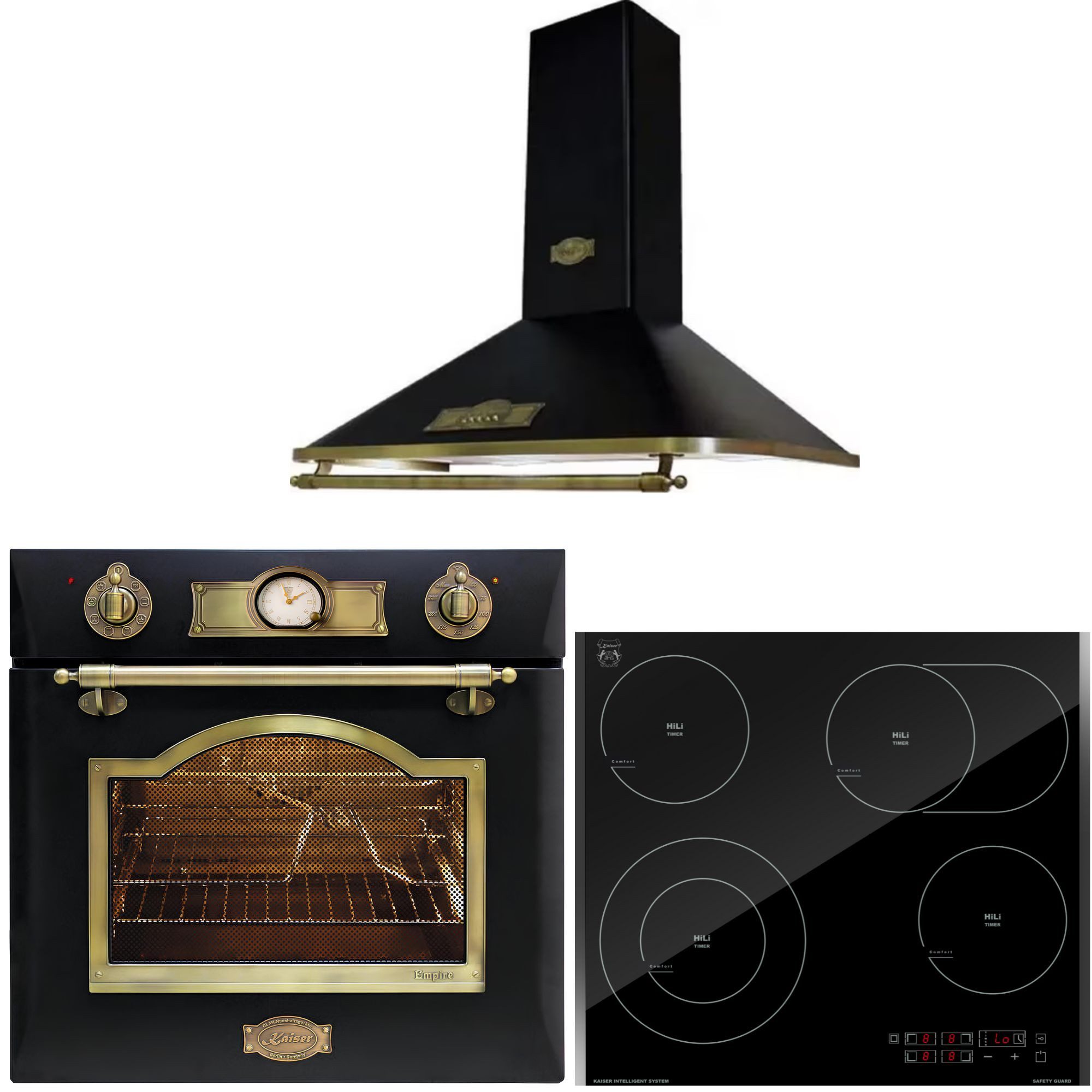 Backofen-Set Herd Set Autark Retro Elektro Einbau Backofen Autark 60cm 67L 8 Funktionen in Schwarz mit High Light Glaskeramik Kochfeld 60cm Schwarz glas Facettenschliff-Kanten+Dunstabzugshaube 60 cm 910 m³/h 3 Stufen Abluft Umluft EH 6355 Em+KCT 6115