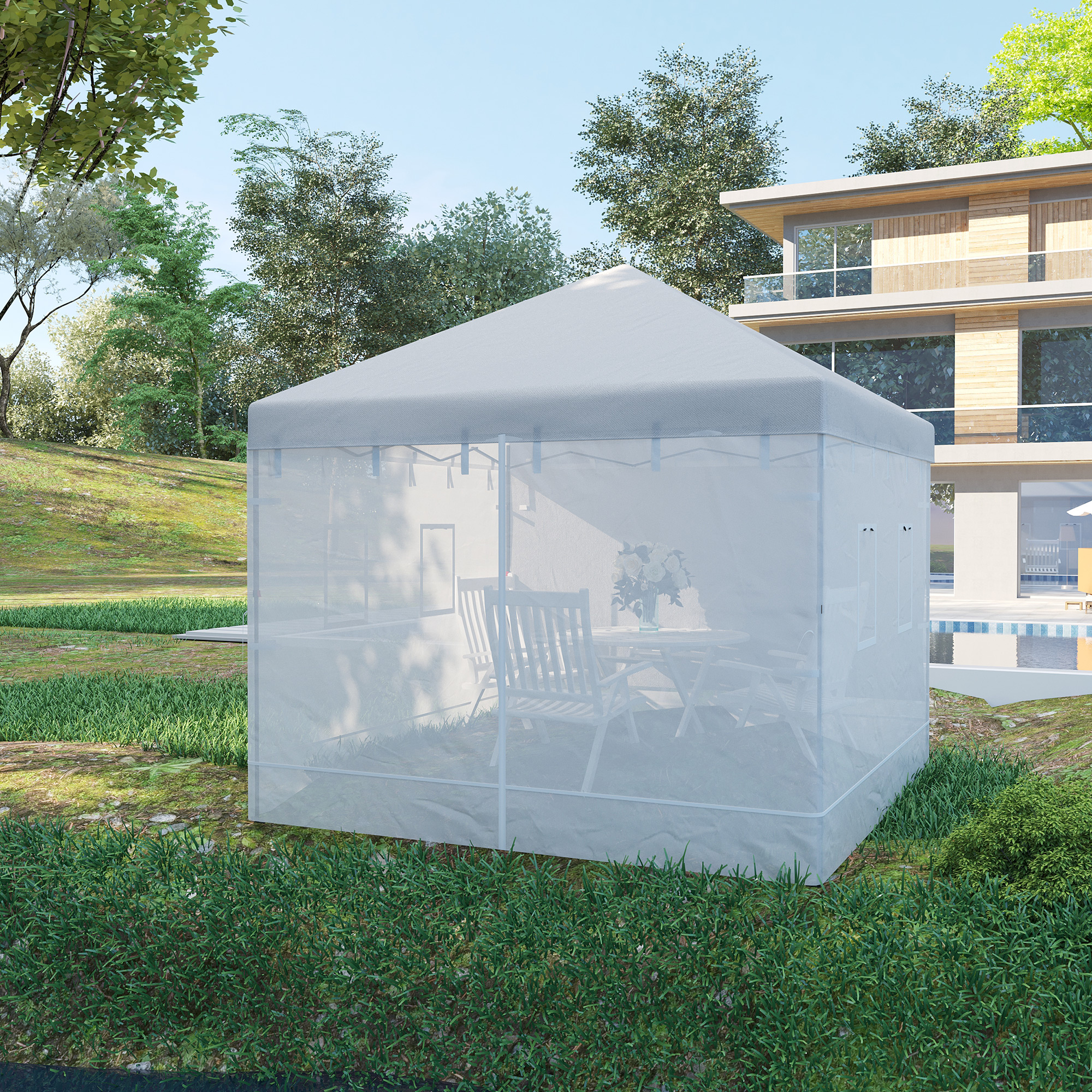 Outsunny Wand für 3x3 Pavillon aus Nylon, Set 3teiliges Moskitonetz mit 6 Fenstern und Tür mit Reißverschluss, 300Lx195 cm