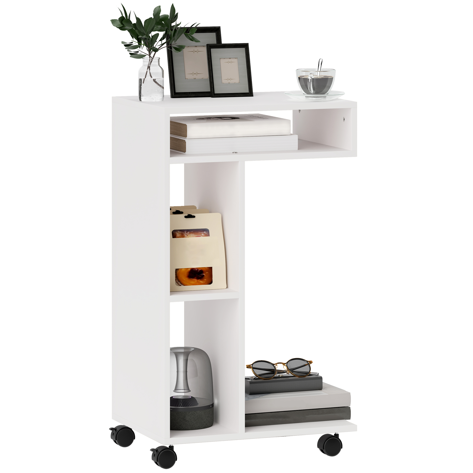 HOMCOM Beistelltisch, C-förmiger Servierwagen, 4 Rollen, 3 Fächer, 40 x 30 x 69 cm, Weiß