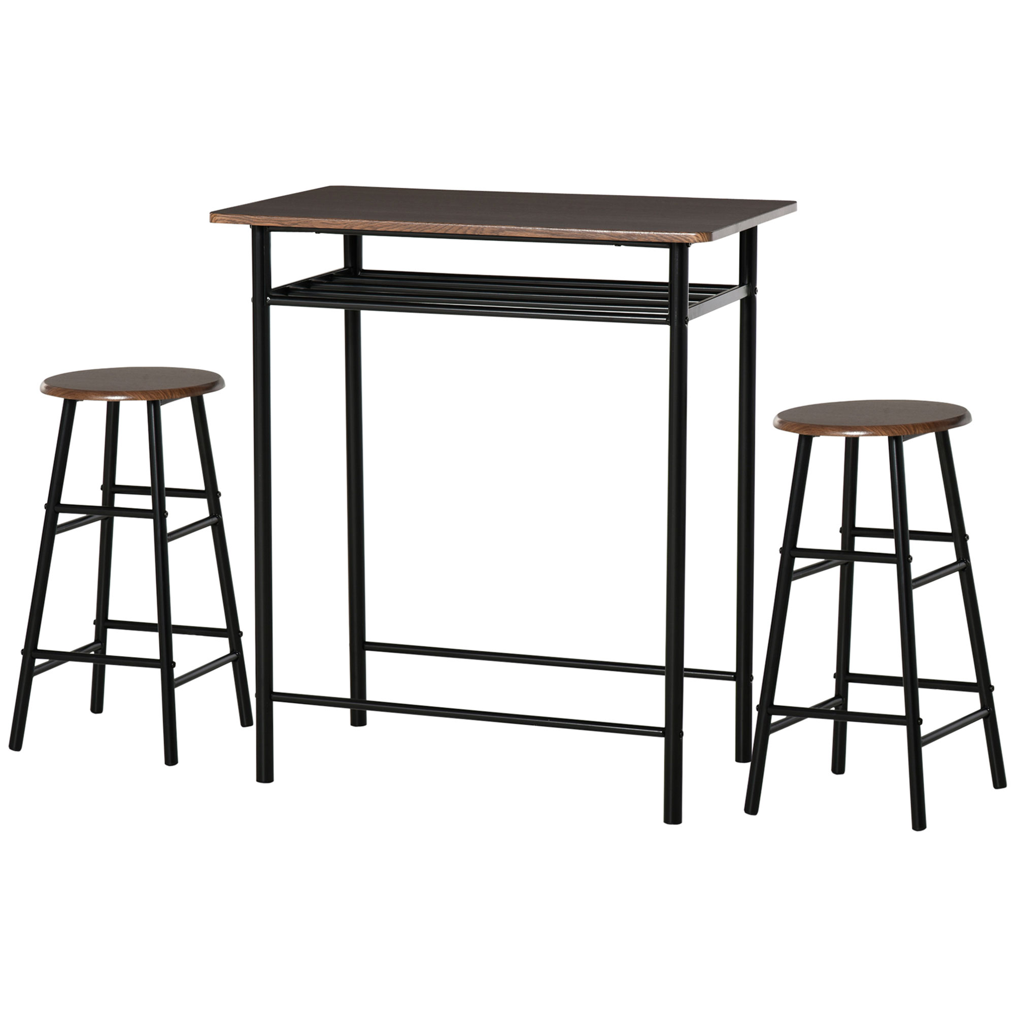 HOMCOM Bargarnitur, 3-teilig, Tisch & 2 Hocker, Regal, Industrie-Design, Schwarz/Eiche