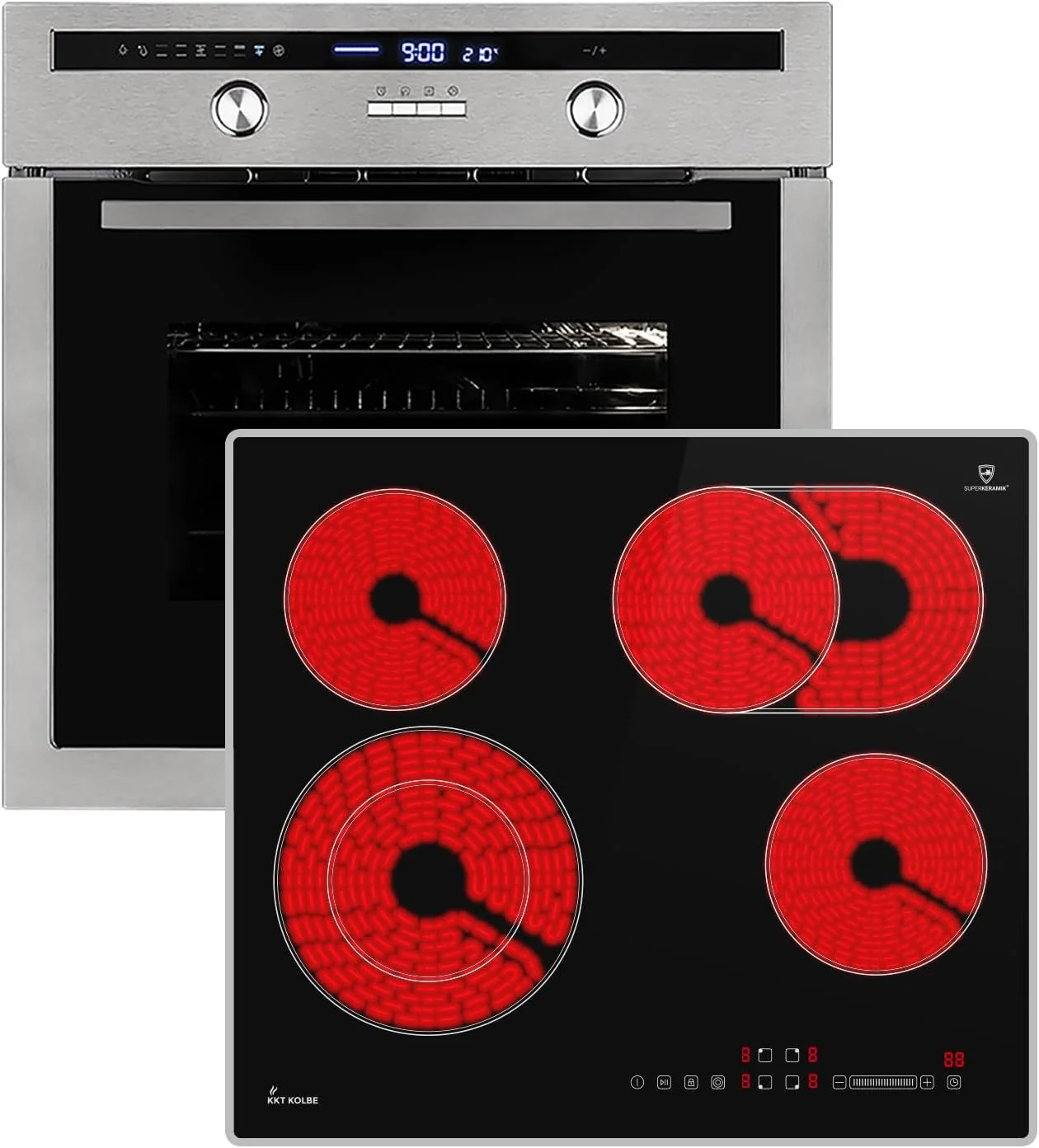 KKT KOLBE Backofen, 6600 W, 60 cm, 59 cm, Silber/Schwarz/Rot, Autarkes Herdset, Einbau EB8013ED, Kochfeld CH5901AL