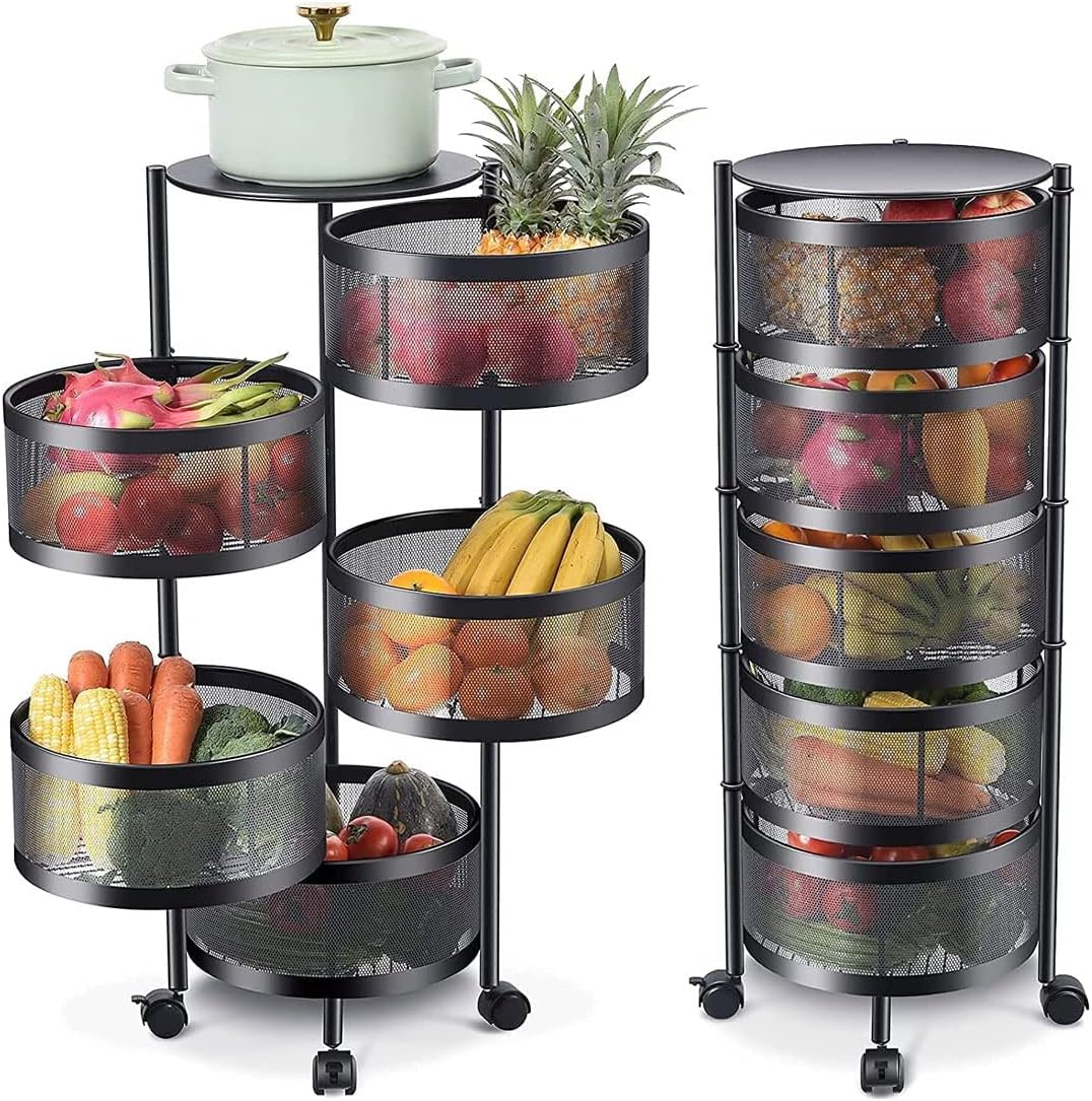 BAKAJI Carrello Trolley Cucina in Metallo con 5 Ripiani a Cesto Apribili e 4 Ruote girevoli a 360 Gradi Trolley Salvaspazio Arredamento Casa Cucina Dimensione 85 x 30 cm Design Moderno (Rotondo)