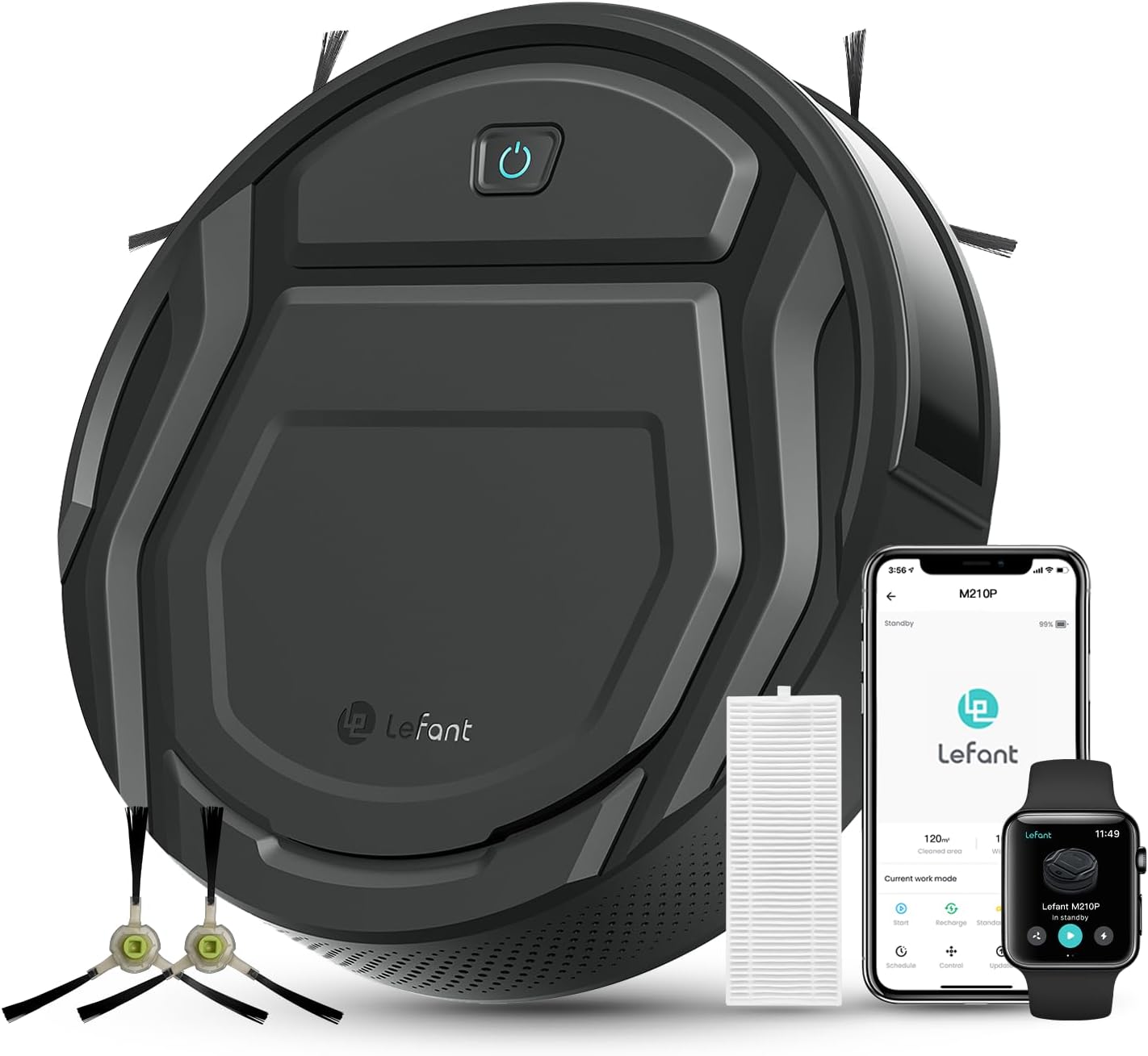 LEFANT M210P Robot Aspirapolvere, Potenza 2200Pa, Ultra Sottile 7.8cm, Auto 120 Minuti, Senza Grovigli, Potenziamento Tappeto Adatto per Tappeti e Proprietari Animali, Controllo Wi-Fi/APP/Alexa, Nero