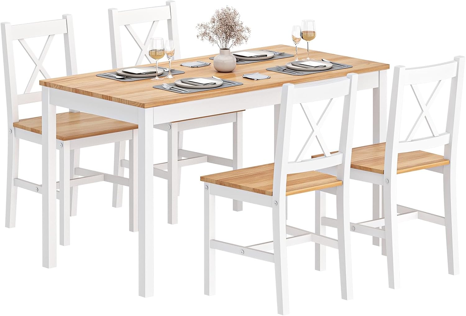 DlandHome Set di 5 pezzi tavolo da pranzo con 4 sedie, set di mobili da cucina in legno di pino teak/bianco