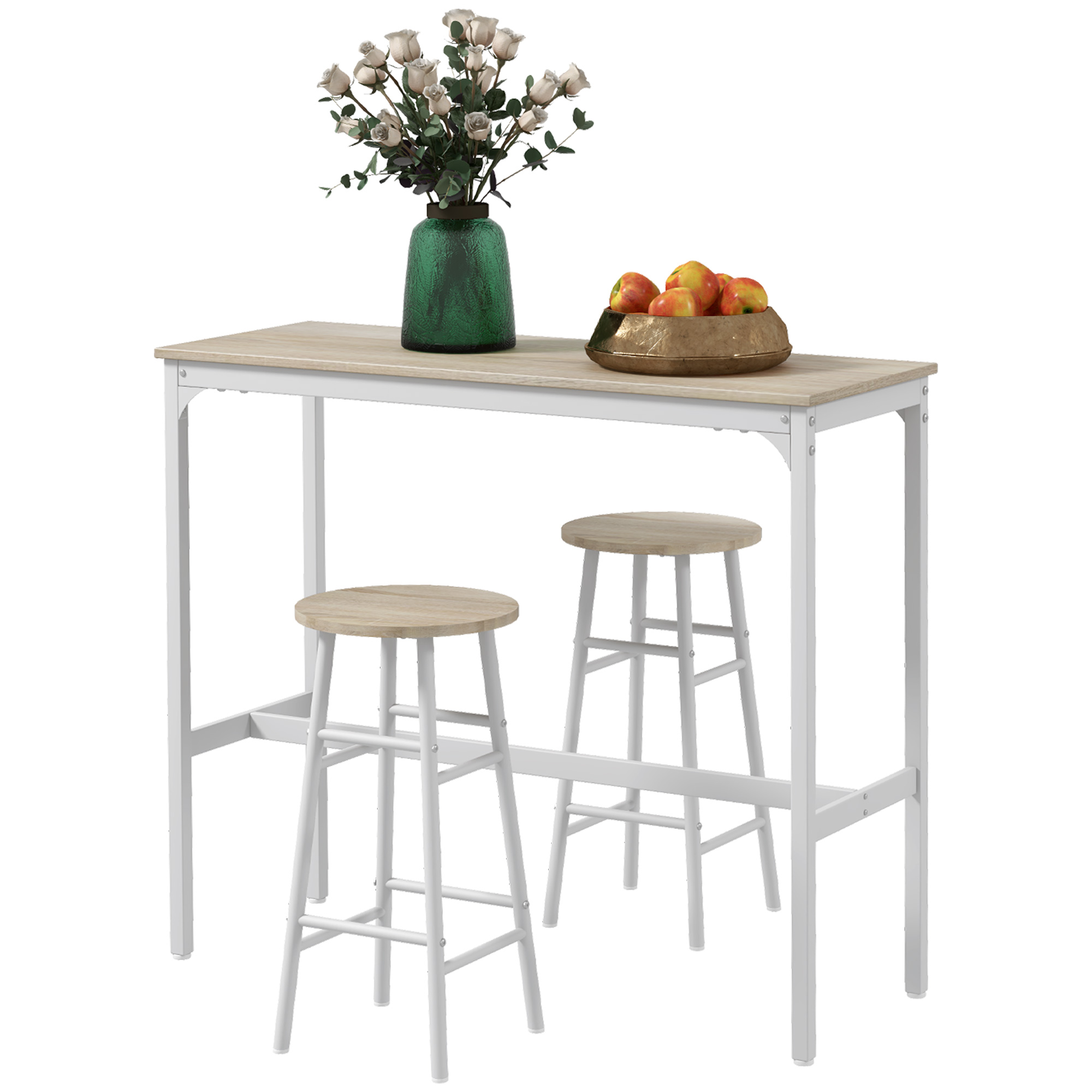 HOMCOM Set hoher Tisch + 2 Hocker Stahlgestell Naturholzoptik für 2 Personen Weiß