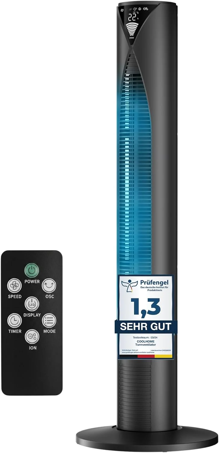 CoolHome Ventilator, 96 cm, Schwarz, CF2205 Turm mit Fernbedienung - Leiser Stand mit Timer