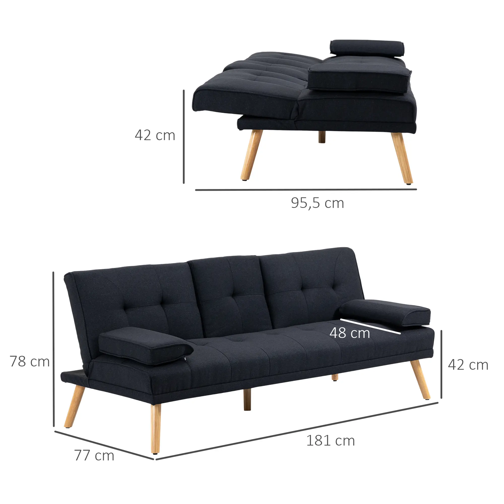 HOMCOM Schlafsofa 3-Sitzer mit klappbarem Tisch und 3-fach verstellbar