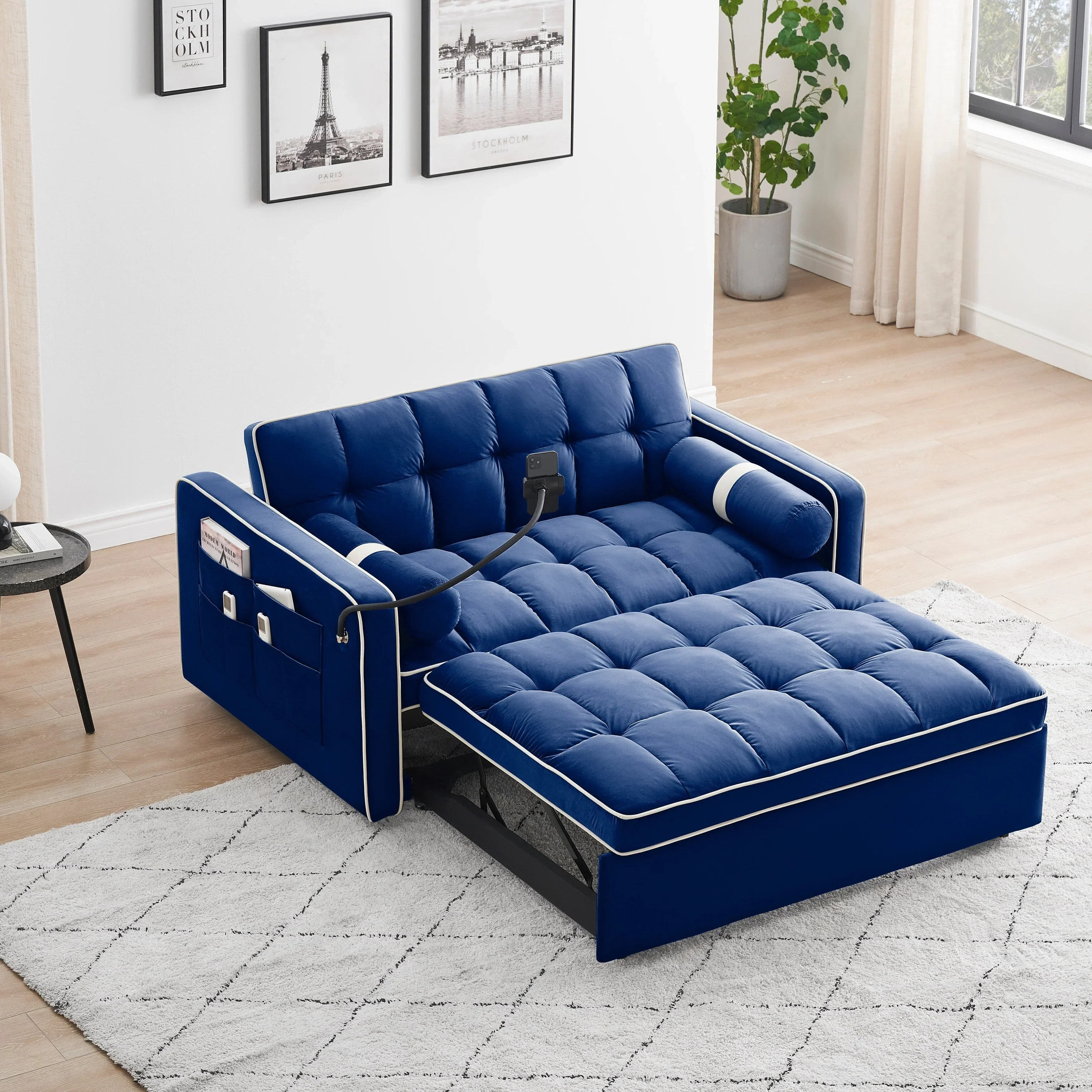 Velvet Convertible 55'' 2-Seater Sleeper Sofa with Pull-Out Bed, Adjustable Recline, Side Pockets, and Phone Holder