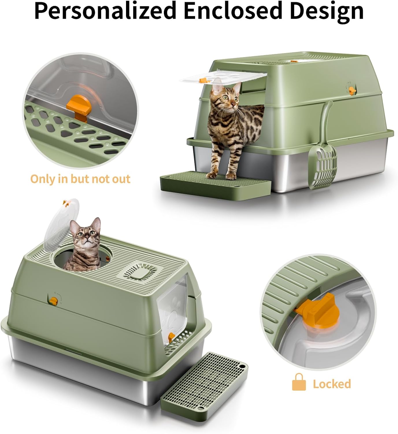 Lettiera per Gatti in Acciaio Inox, Lettiera Gatto Chiusa XXL, Lettiera Gatto Grande con Pala in Metallo, Doppio Strato Opaco Toilette per Gatti Grande - Grigio
