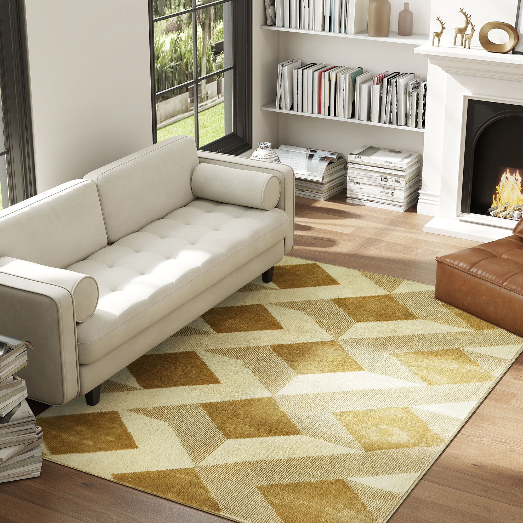 HOMCOM Teppich Wohnzimmer 170 x 120 cm Kurzflor, maschinenwaschbar, hypoallergen, für Wohnzimmer, Schlafzimmer, Büro, Gelb