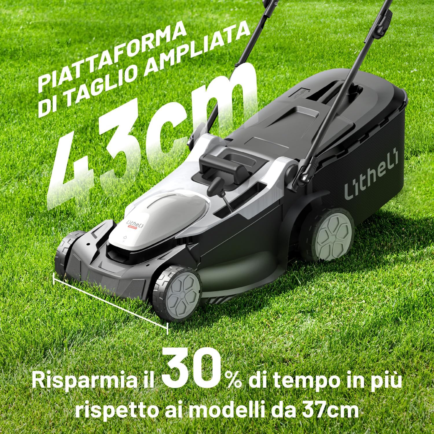 Litheli Tagliaerba Tosaerba a Batteria 43cm, 2x 20V Batterias 4.0Ah, Altezza Regolabile 25-75mm, Sacco 40L, per Prati Fino a 500m² (Motore senza spazzole)