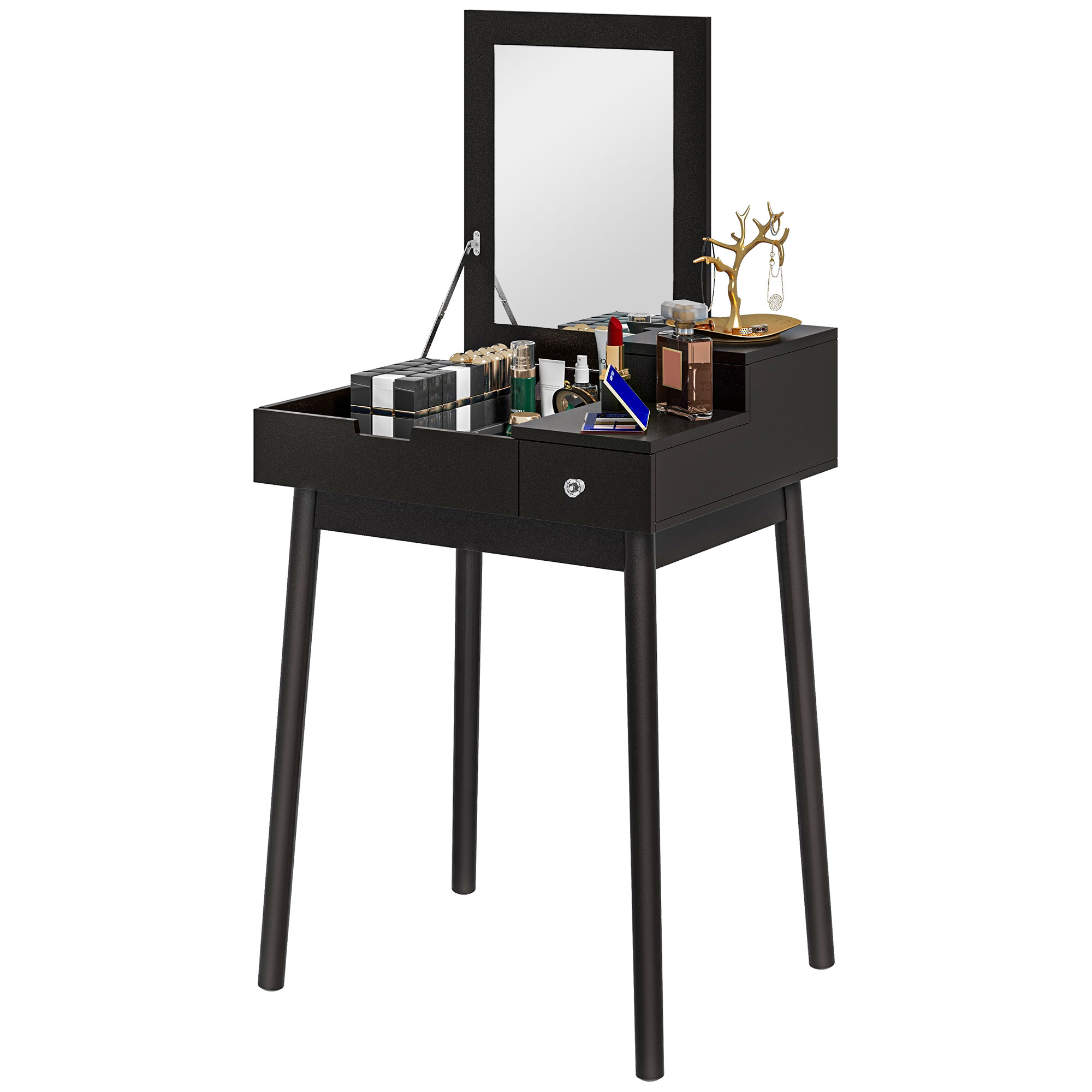 HOMCOM Schminktisch 2-in-1 mit Klappbarem Spiegel und 2 Schubladen, 60x50x85.5 cm, Schwarz