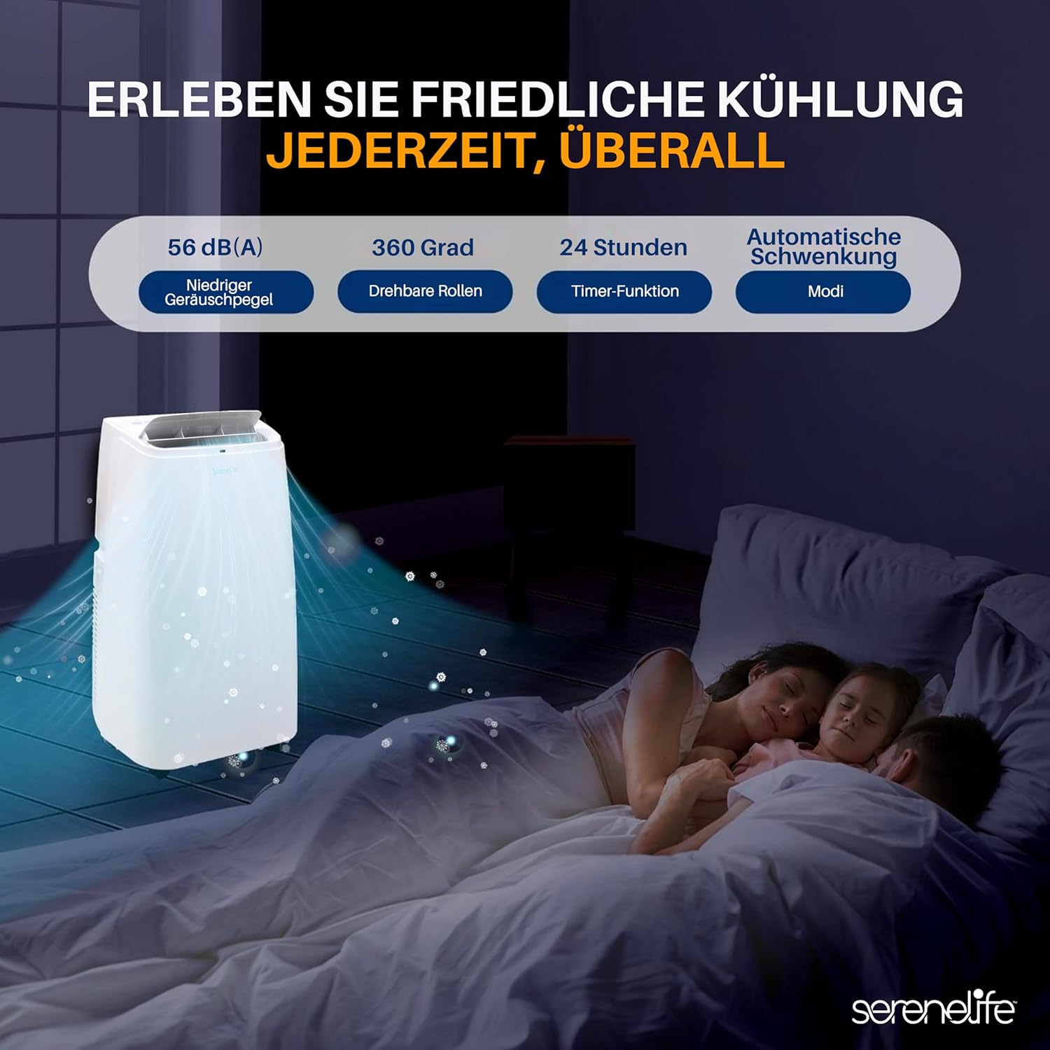 SereneLife Mini Klimaanlage mobil, 3-in-1 mobiles Klimagerät mit Abluftschlauch – Luftkühler, Luftentfeuchter & Ventilator, Air conditioner – 9.000 BTU, 1,5L Feuchtigkeit/Stunde, kühlt Räume bis 42 m2