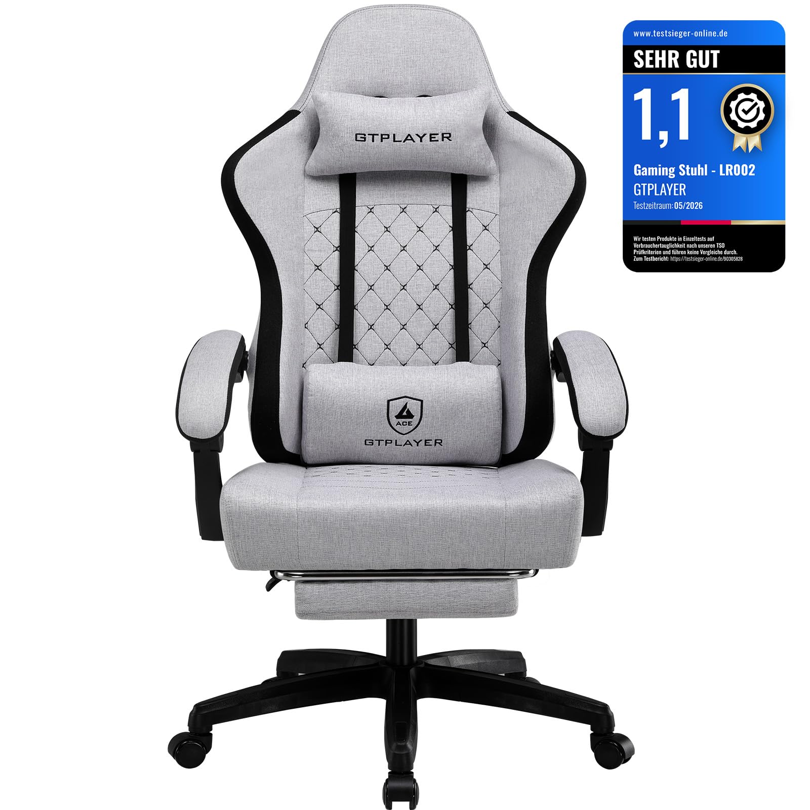 GTPLAYER Gamingstuhl mit Taschenfeder-Sitzkissen, Fußstütze und verstellbarer Rückenlehne