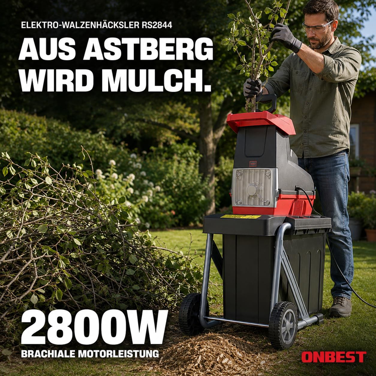 Elektro-Gartenhäcksler 2800 W für Äste bis 44 mm mit 60-Liter-Auffangbox Rücklauffunktion Überlastungsschutz und Selbsteinzug