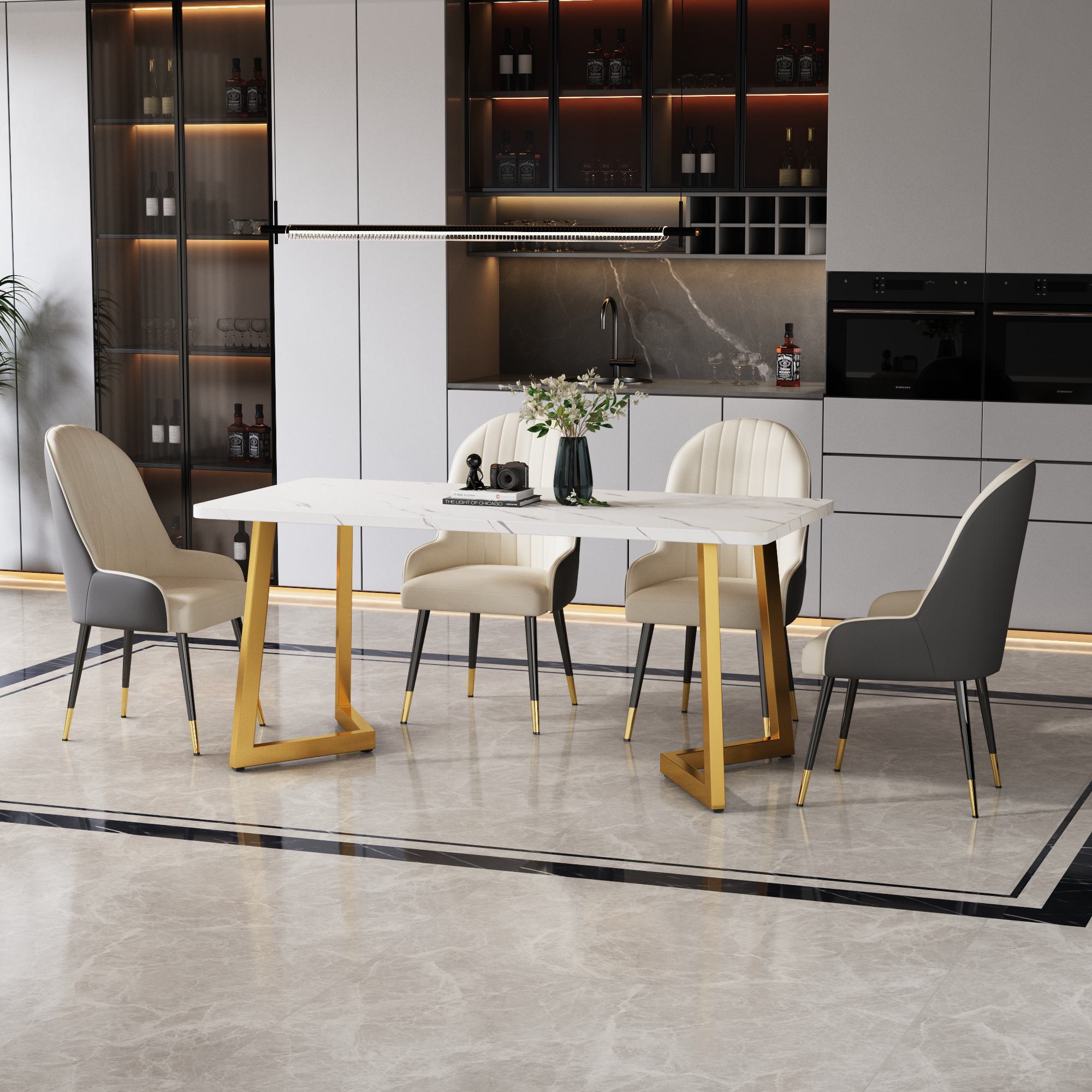 Rechteckiger Esstisch, 117x68cm, MDF-Tischplatte in Marmoroptik, vergoldete Metallbeine, vielseitig einsetzbar für Esszimmer und Wohnzimmer, vergoldetes Weiß