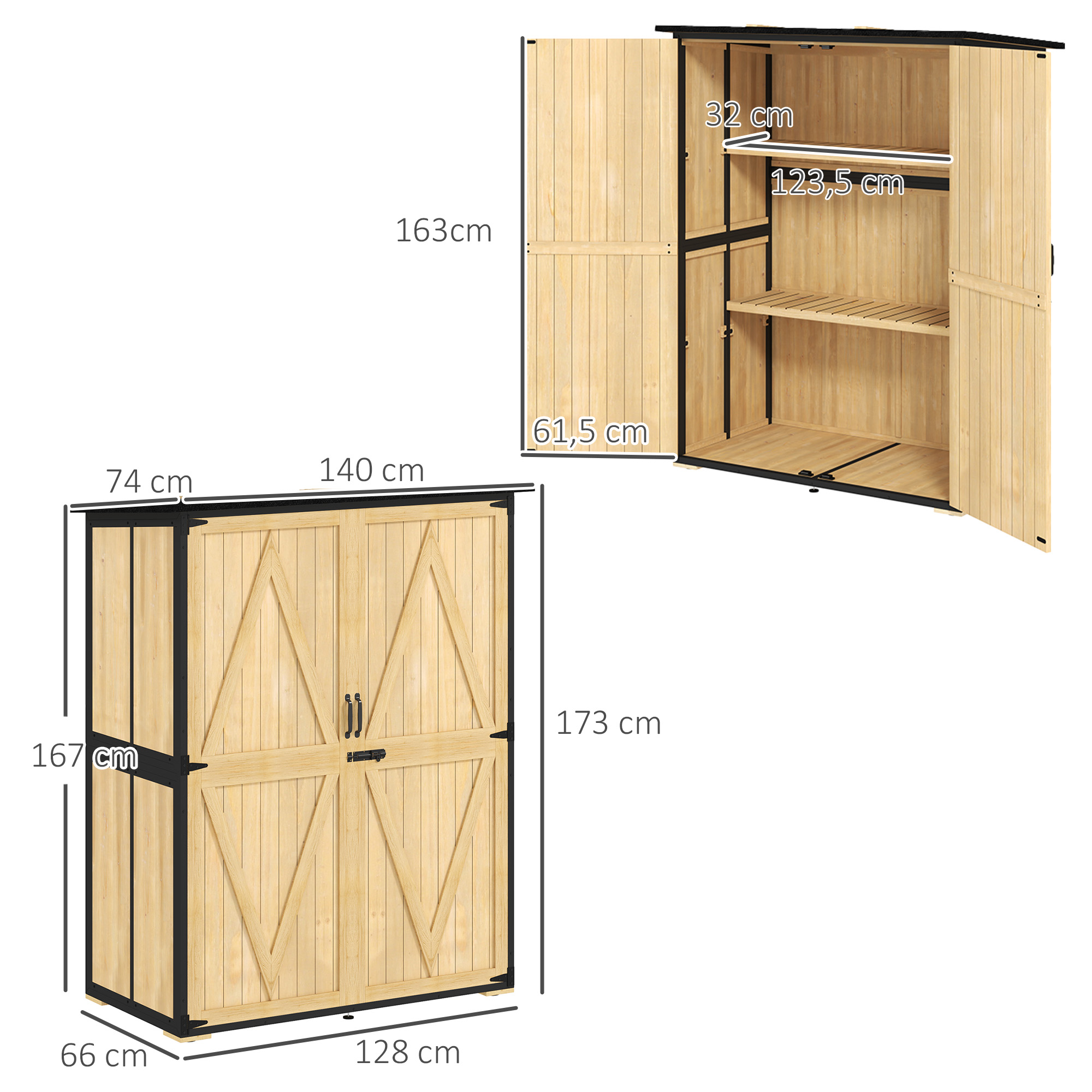 Outsunny Houten en Stalen Tuinkast, Buiten Gereedschapskast met Asfaltdak, 2 Planken, Afsluitbare Deuren, Natuurhout