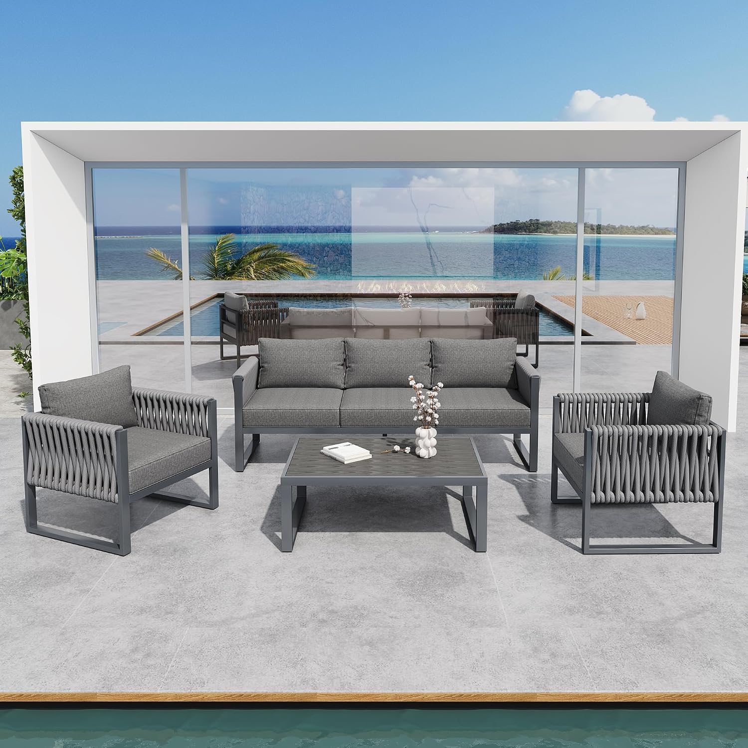 Gartenmöbel Set Outdoor Sofa 10-Sitzer, 5-Sitzer, Gartenlounge-Set mit Verstellbaren Füßen