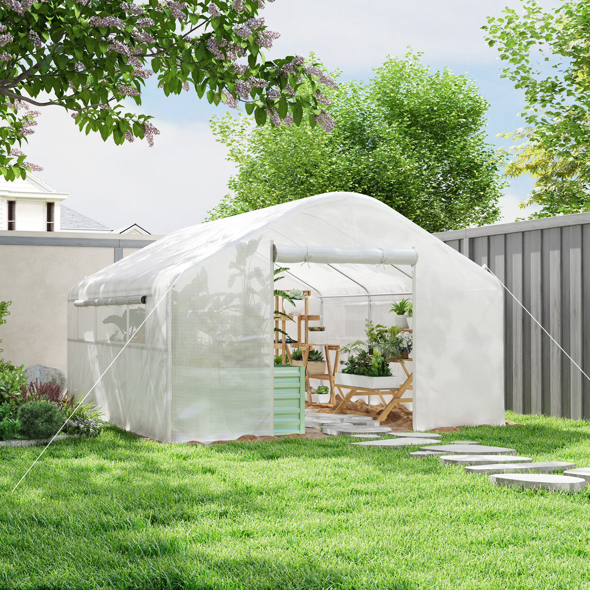 Outsunny Garten-Gewächshaus 4 x 3 x 2m mit Rolltüren und großen Mesh-Fenstern, Tunnelgewächshaus, weiß