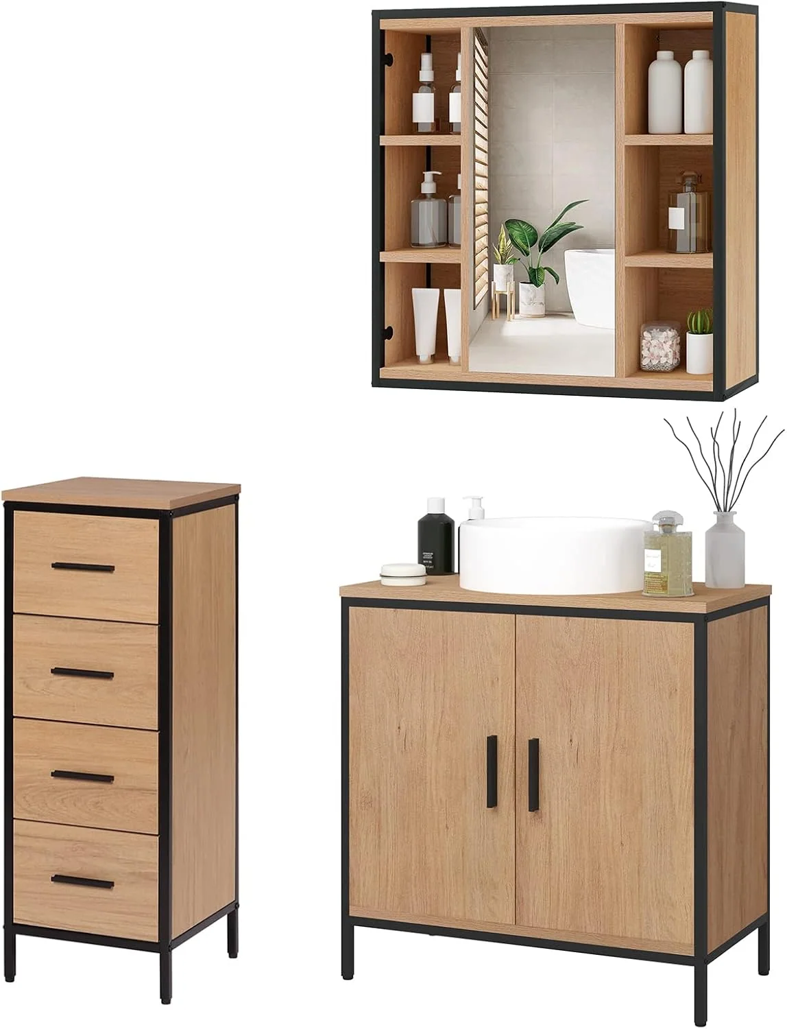 EUGAD Badezimmer Badmöbel Set Waschbeckenunterschrank Unterschrank Badezimmerschrank mit Spiegelschrank Hängeschrank für Bad Kommode mit 4 Schubladen