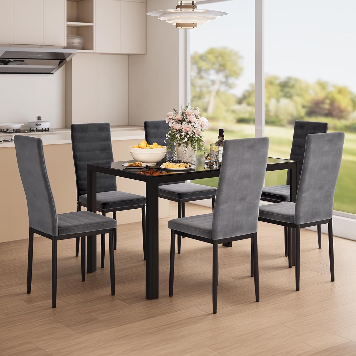 Bealife Set di 6 Sedie da Pranzo con Schienale Alto Imbottite Moderne per Cucina e Sala da Pranzo, Grigio Scuro Flanella
