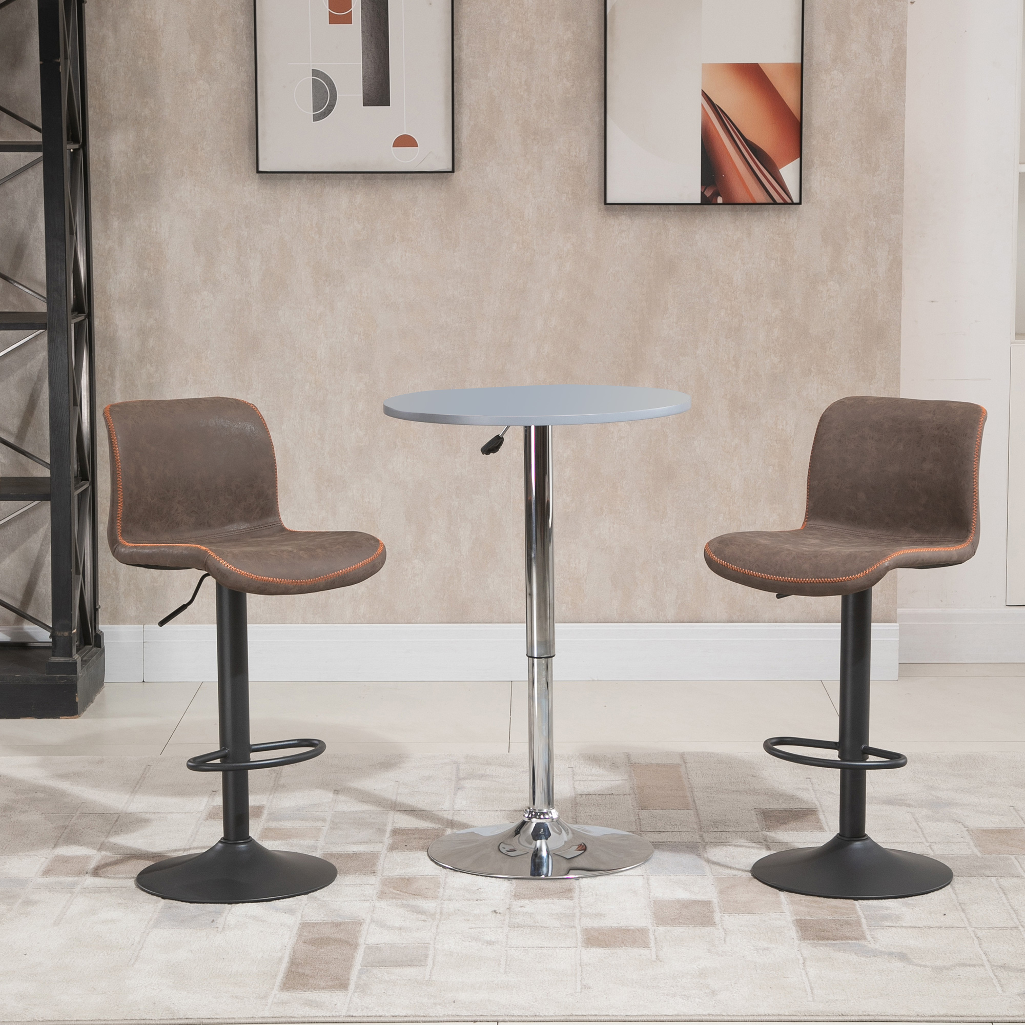HOMCOM Set aus 2 Vintage Barhockern, höhenverstellbar und drehbar, mit Fußstütze Kunstleder PU Braun, orangefarbene Zickzack-Nähte