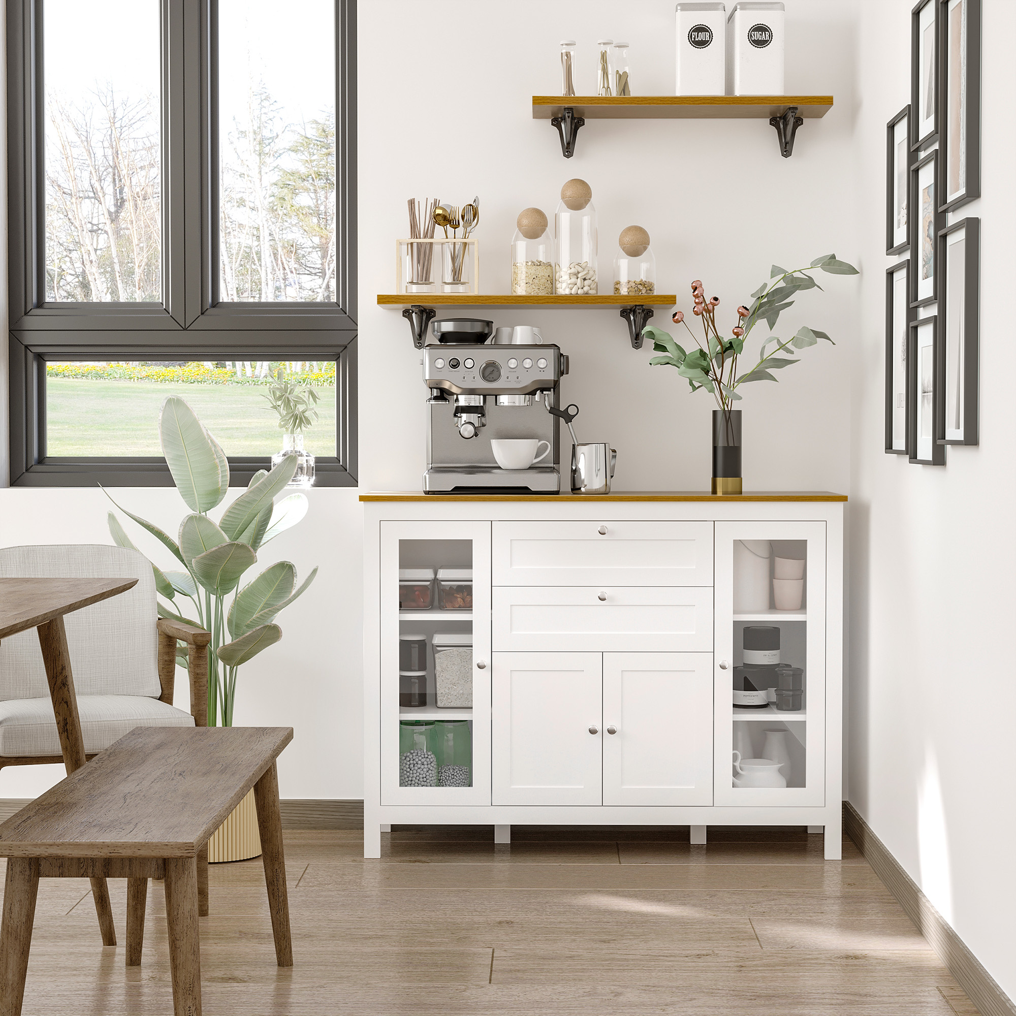 HOMCOM Buffet Esszimmer mit 2 Glastüren 120 x 40 x 90 cm Höhenverstellbare Regale 2 Schubladen 1 Schrank Naturholz und Weiß