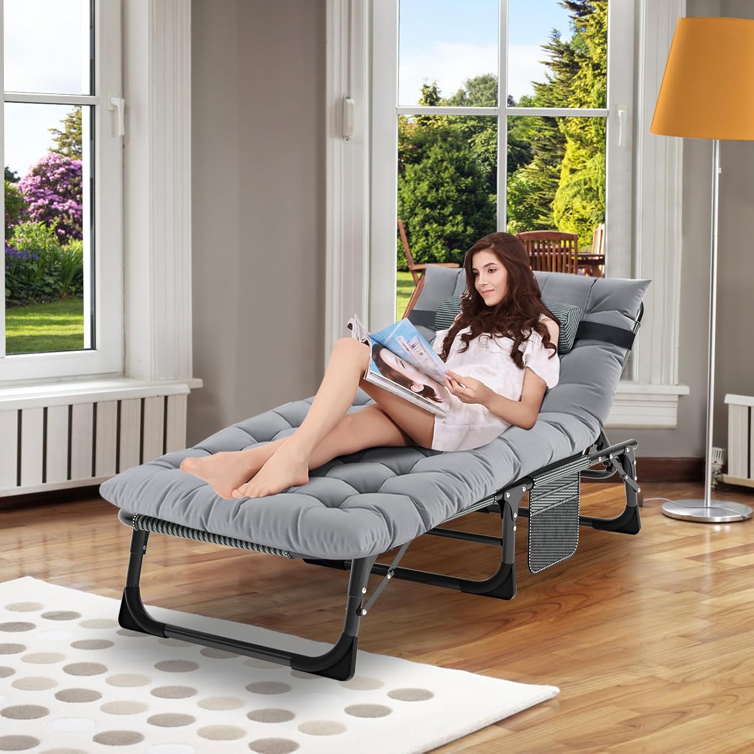 MOPHOTO Lettino prendisole pieghevole per giardino con materasso, schienale e gambe regolabili, portatile, per interni ed esterni, sedia a sdraio pieghevole per abbronzatura al sole, perfetta per
