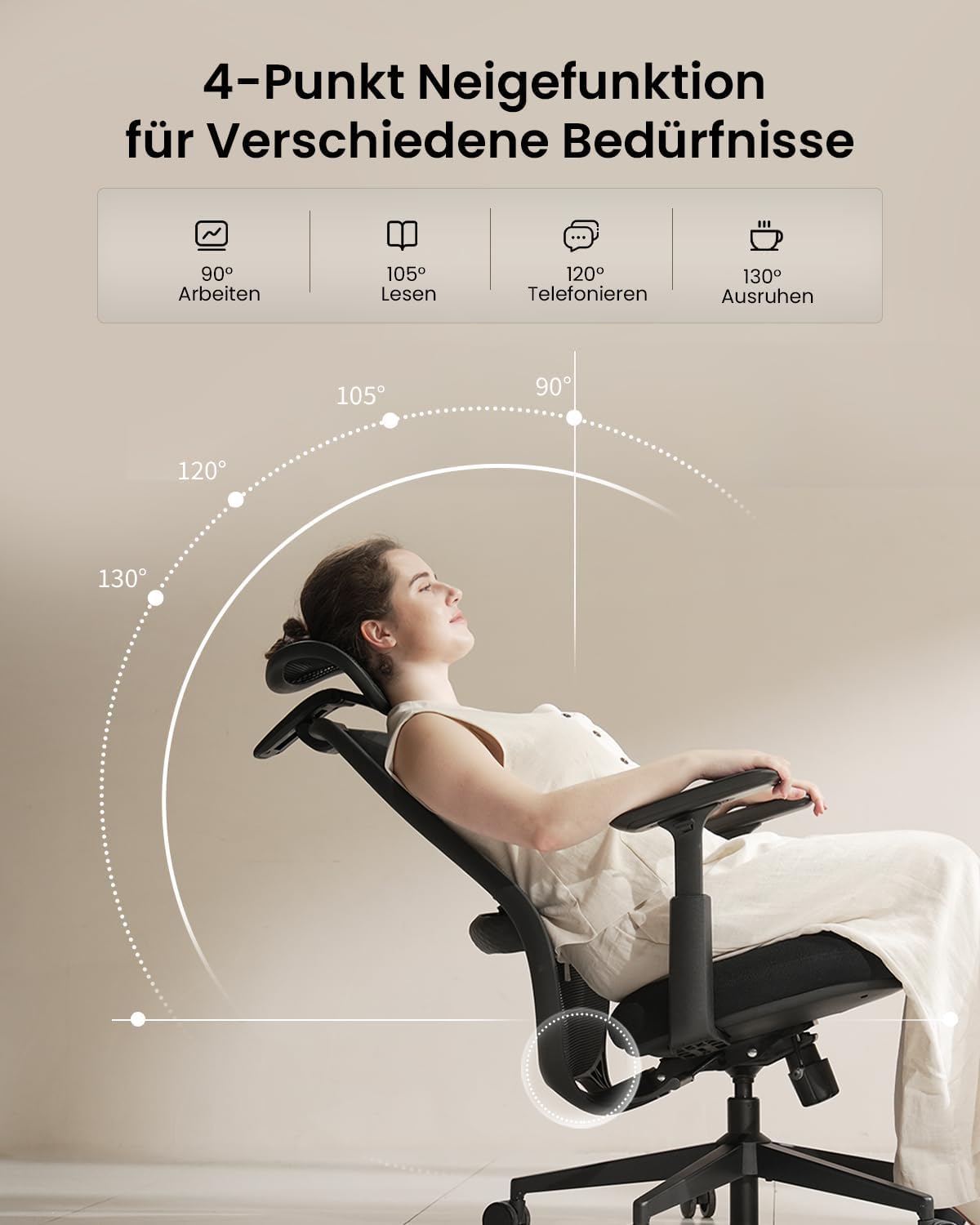 Ergonomischer Bürostuhl mit verstellbarer Sitztiefe 3D-Kopfstütze Lendenstütze und verstellbaren Armlehnen Schwarz