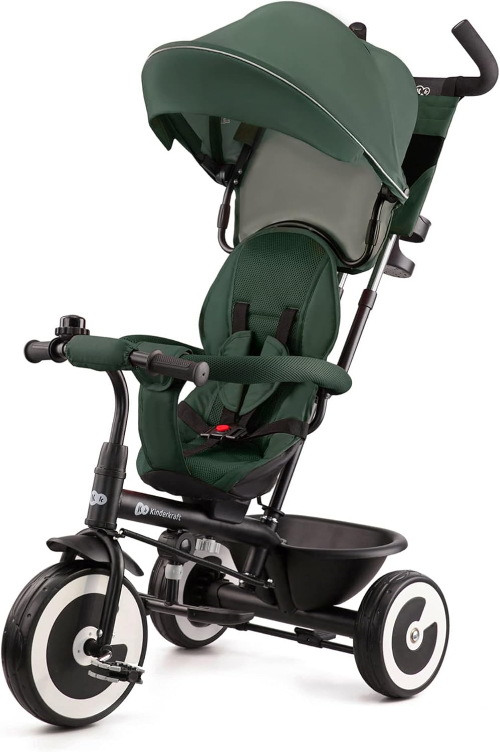 Kinderkraft ASTON Triciclo bambini dai 9 Mesi fino 25 kg, Passeggino con Maniglione regolabile, Bici, Sedile girevole Fronte Mamma e Strada, Cappottina pieghevole, Ruota libera, Verde