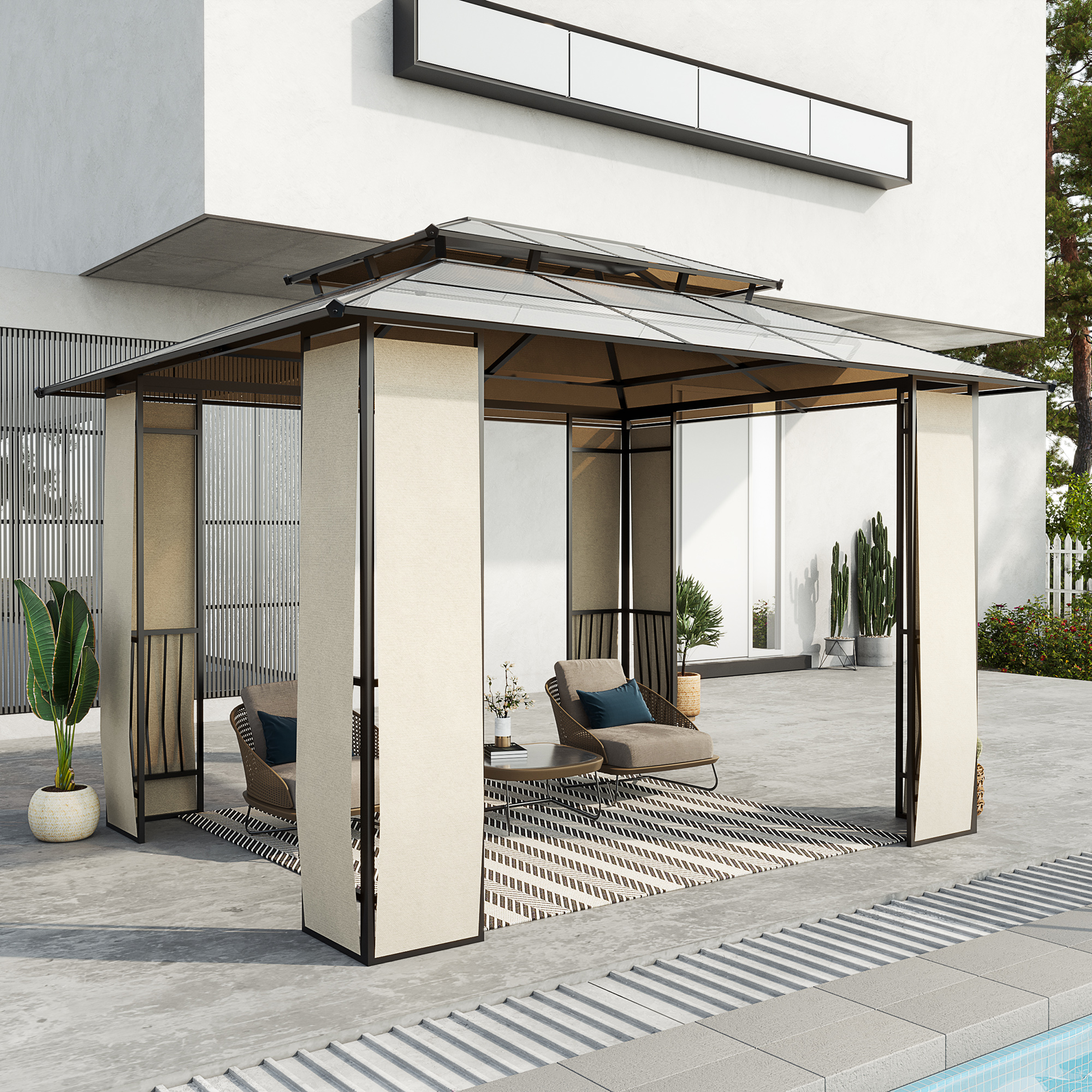 Outsunny Gartenpavillon Pavillon mit Sonnendach aus Polycarbonatplatten UV-Schutz wasserabweisend Robust Braun+Hellgrau 3,65 x 3 x 2,75 m