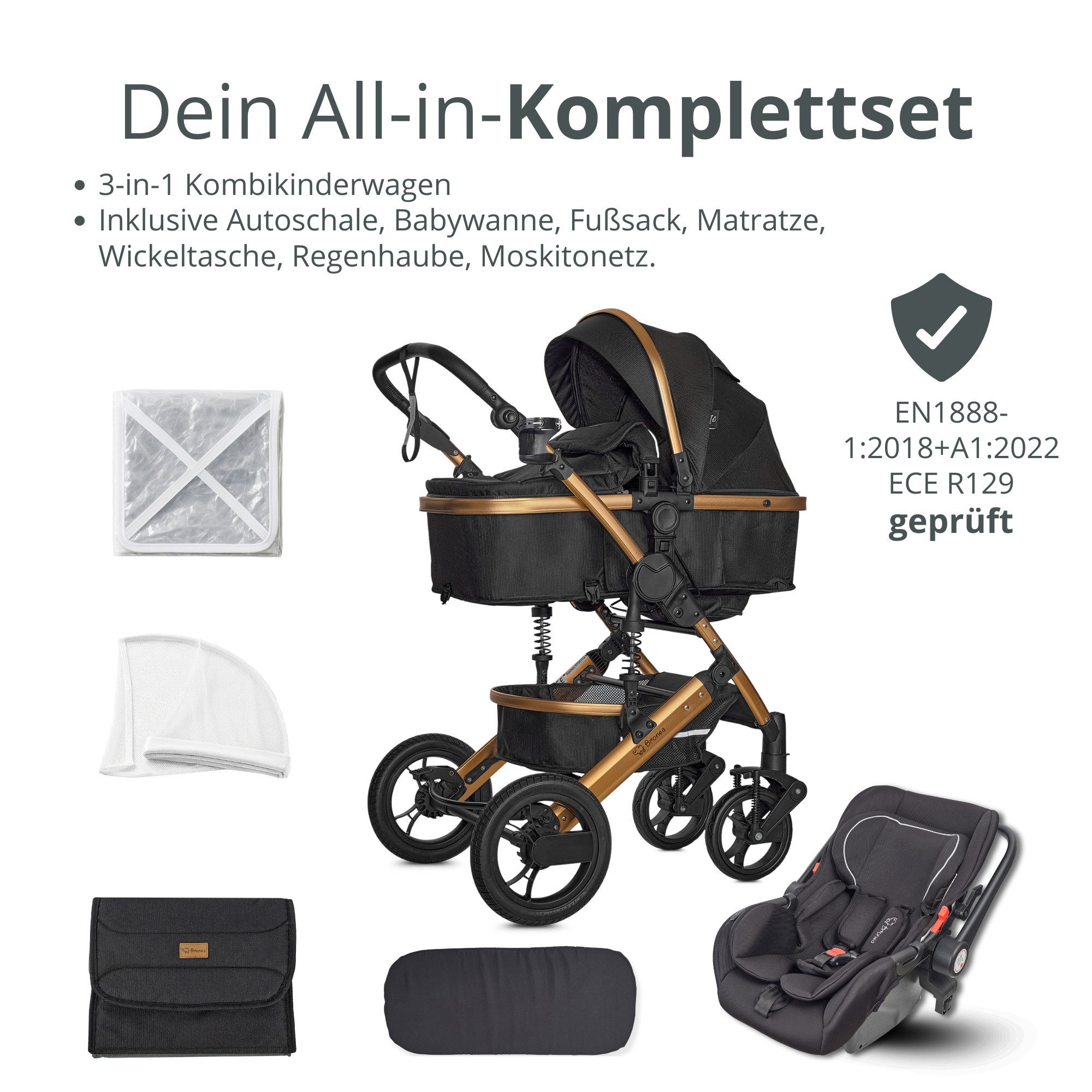 Kombi-Kinderwagen EXQUISE 2.0 Kinderwagen 3-in-1 SCHWARZ/GOLD mit BUGGY, AUTO-BABYSCHALE