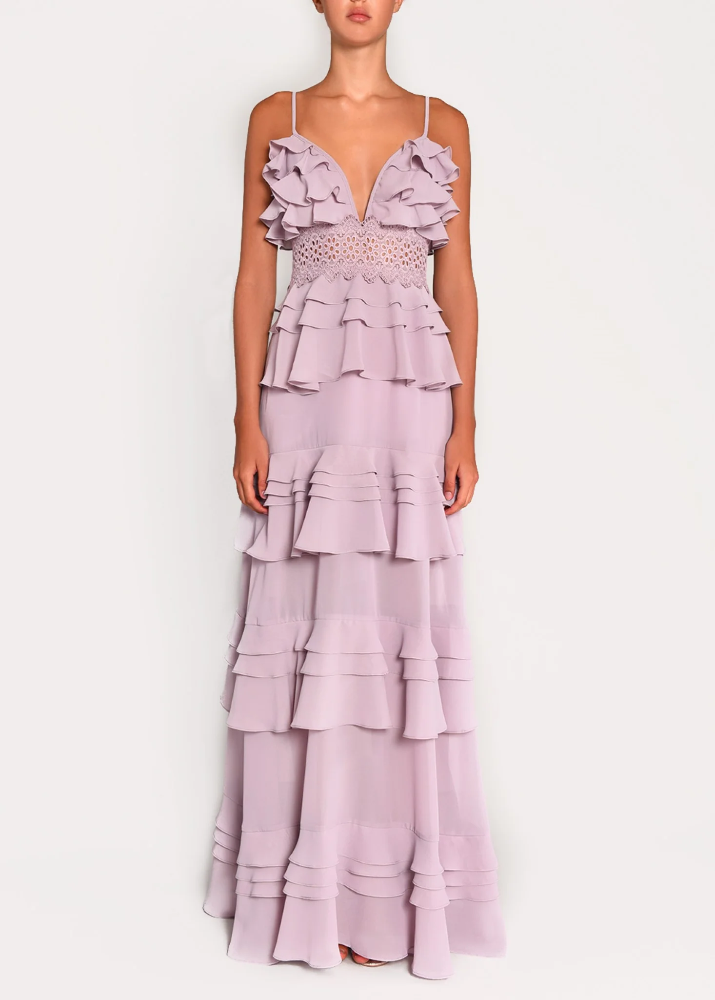 Sophia Dusty Lilac Plunge Front Strappy Tiered Ruffle Maxi Dress