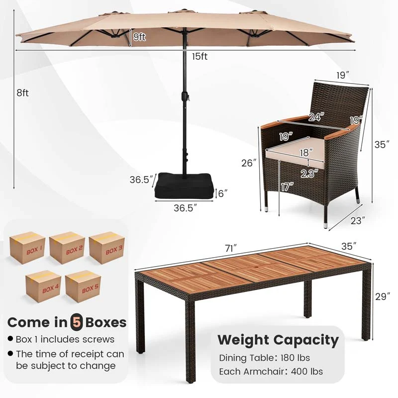 Eletriclife 9 Piece Outdoor Dining Set with 15 Feet Double-Sided Twin Patio Umbrella