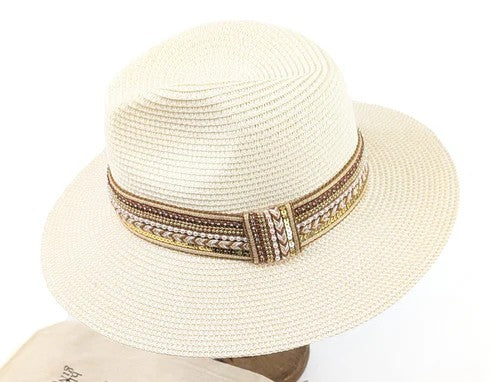 Cream Jewelled Band Foldable Panama Hat | 57 cm | Packable Eco‑Friendly Sun Hat