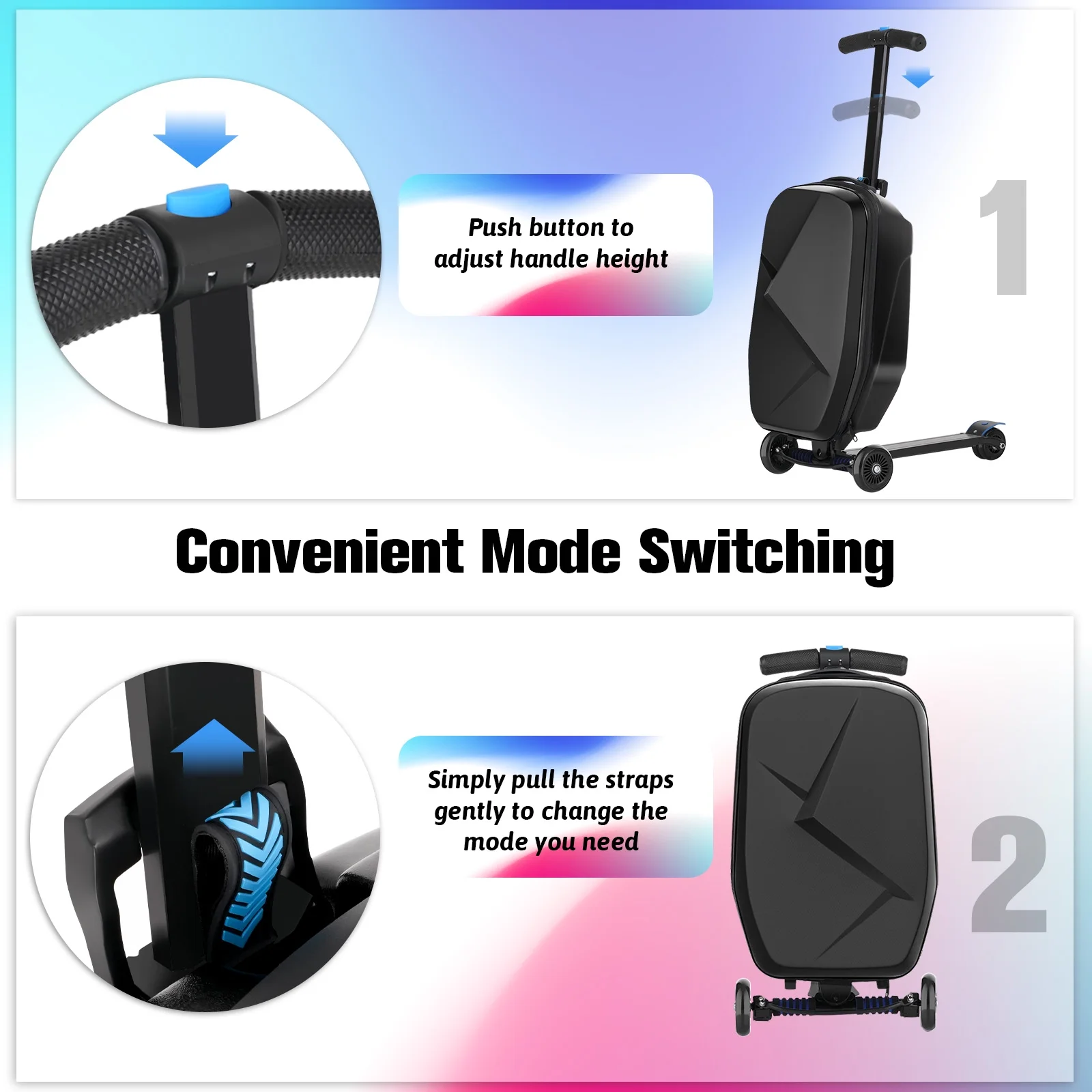 Advwin Scooter Luggage for Kids & Adults, Hardside Ride on Suitcase for Kids Ages 4-15 Multifunctional Lightweight Foldable Carry on Luggage with Wheels Ride on for Children Teenagers, Pink
