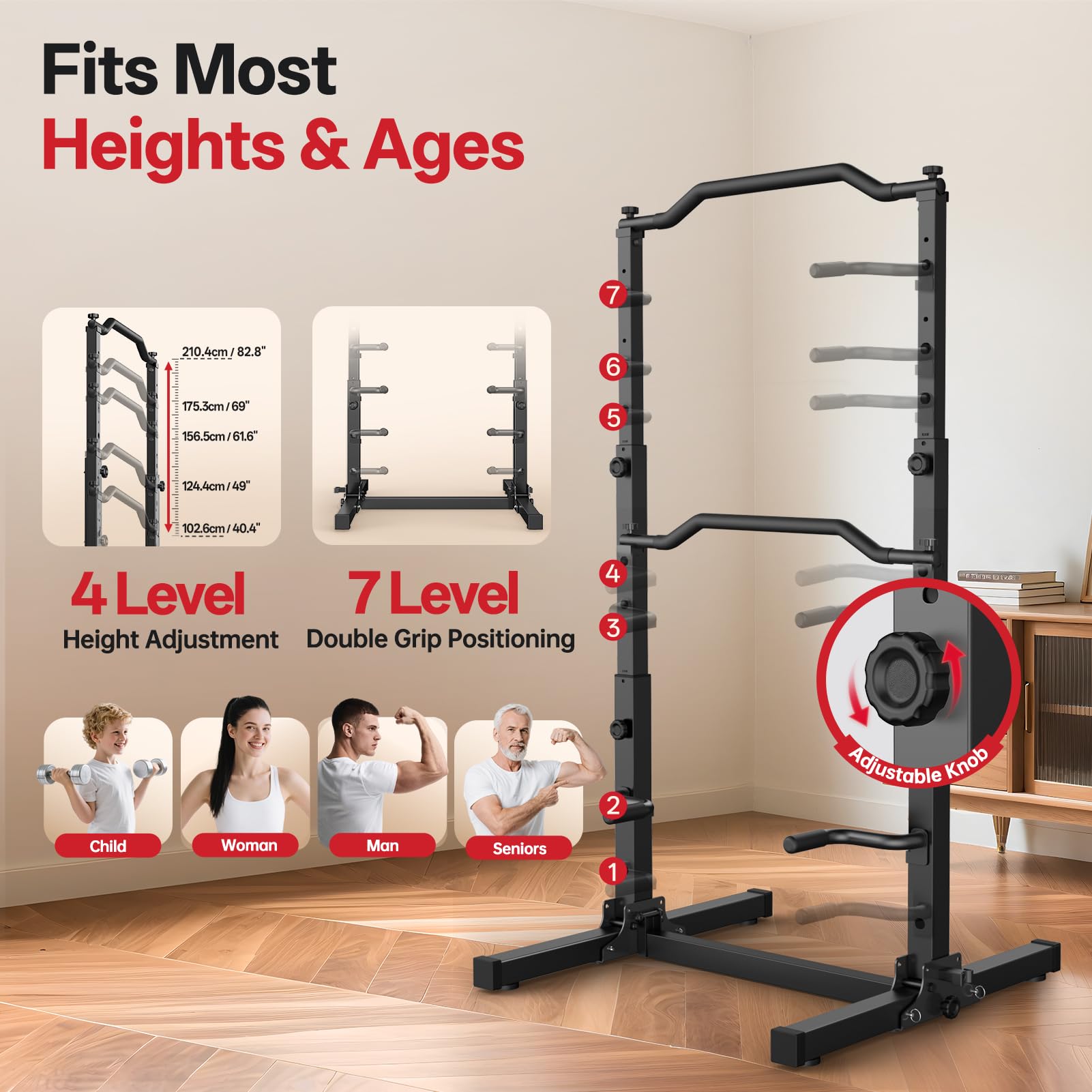 Faltbare Klimmzugstange und Dip Station, höhenverstellbarer Power Tower für Zuhause, 5-in-1 Krafttraining, bis 204 kg, klappbar