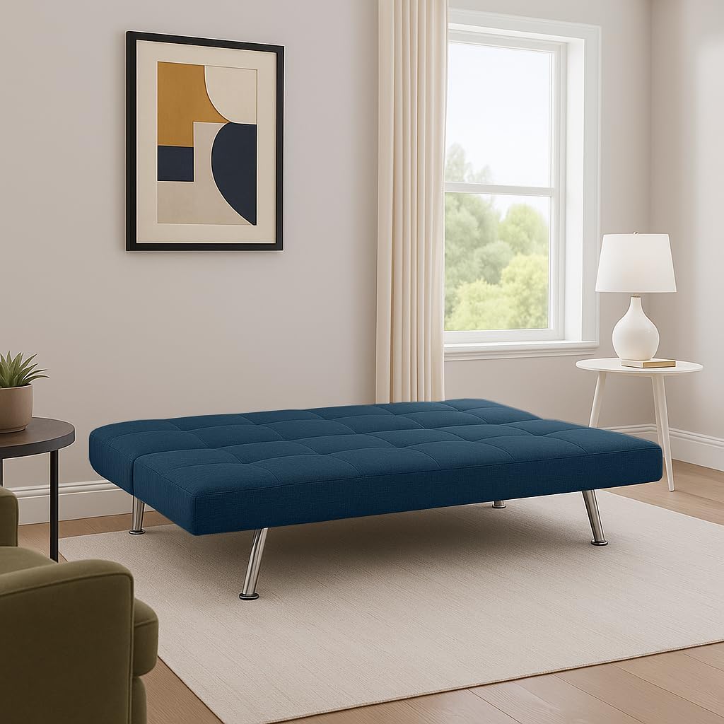 EVERGREENWEB - Divano Letto Clic Clac 3 Posti in Tessuto Imbottito colore Blu, Design Moderno, Schienale Reclinabile e Trasformabile in Comodo Letto con Materasso in Foam, Gambe Cromate, BRIGITTE