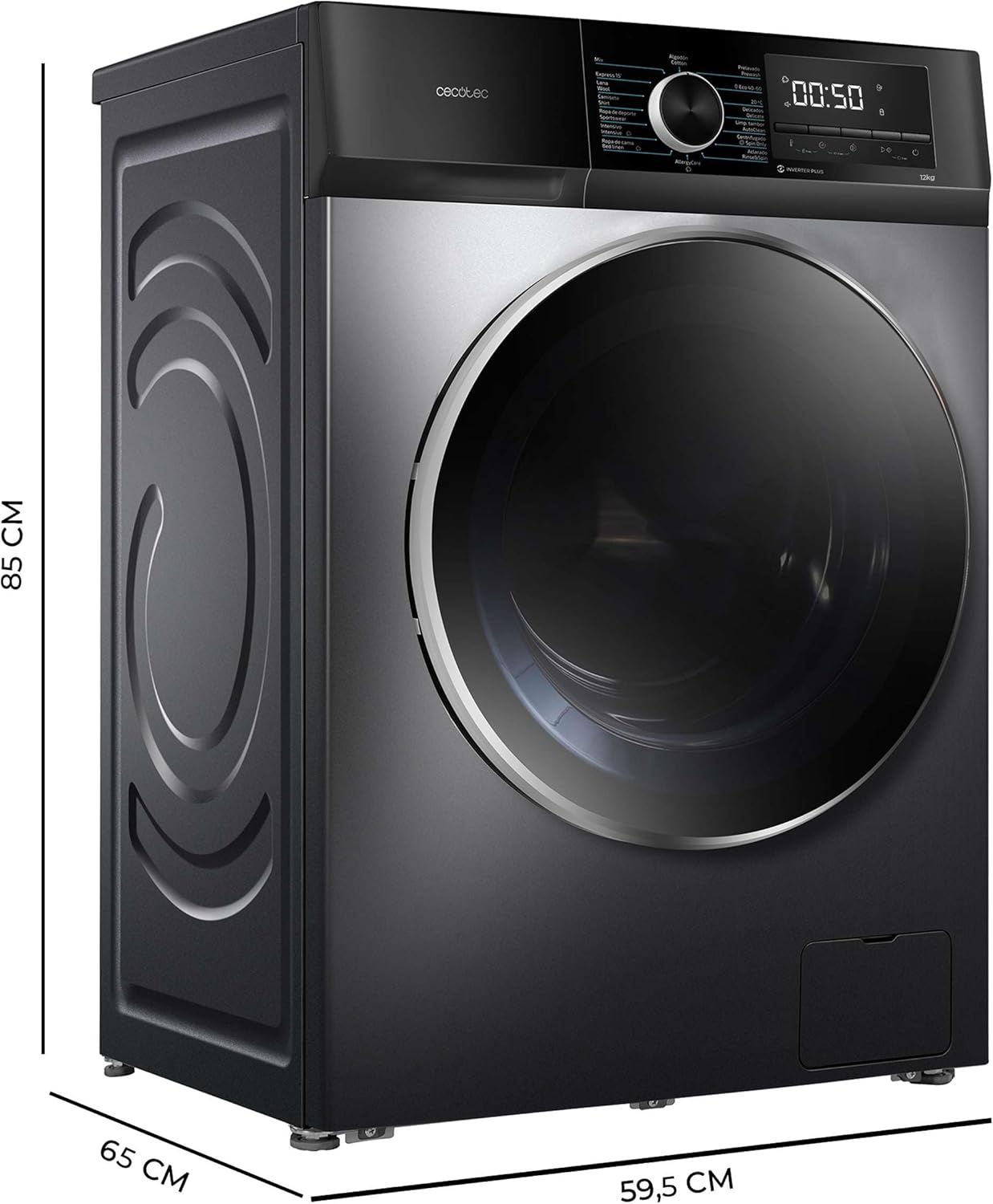 Cecotec Lavatrice a Carica Frontale 12Kg Bolero DressCode 12500 Inverter Steel. 1400RPM, Inverter Plus, 16 programmi, SteamMax, Pearl Drum, Delay Start, Drum Clean, Display, Allergy Care, Stop&Go