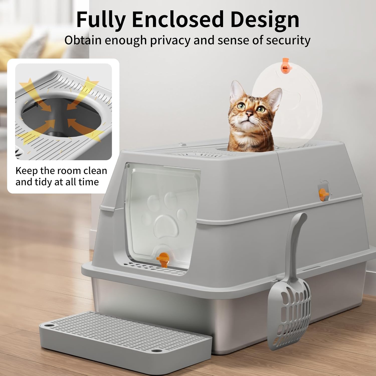 Lettiera per Gatti in Acciaio Inox, Lettiera Gatto Chiusa XXL, Lettiera Gatto Grande con Pala in Metallo, Doppio Strato Opaco Toilette per Gatti Grande - Grigio