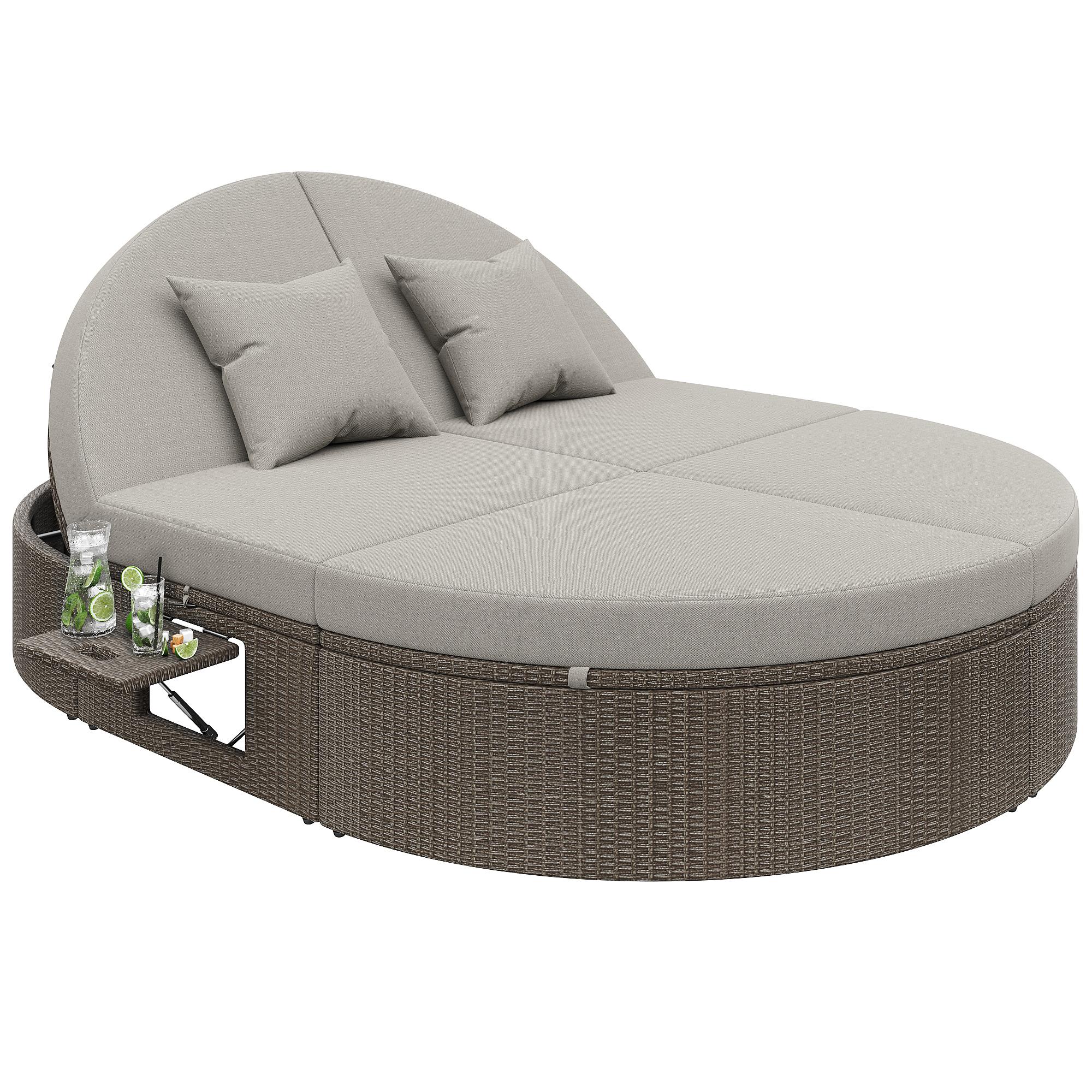 Rattan Doppel-Liege für 2 Personen, Outdoor Tagesbett mit verstellbarer Rückenlehne und seitlichem Regal, 199,9 x 140,5 x 41,9 cm, Grau