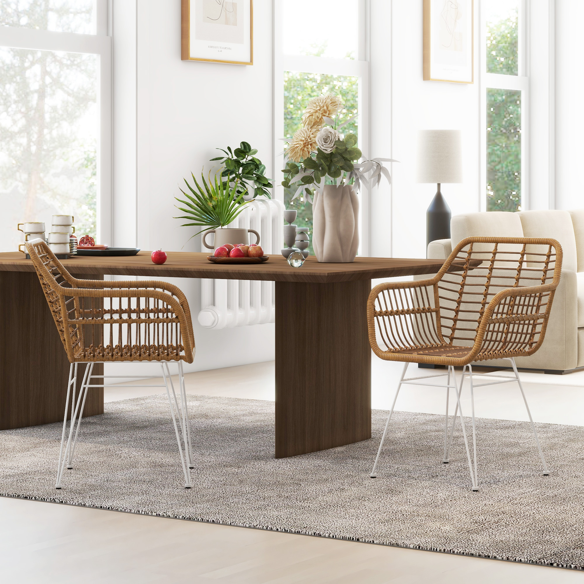 HOMCOM 2-er-Set Stühle im Boho-Stil, Küchenstühle, PE-Rattan, 56 x 60 x 79 cm, Natur + Weiß