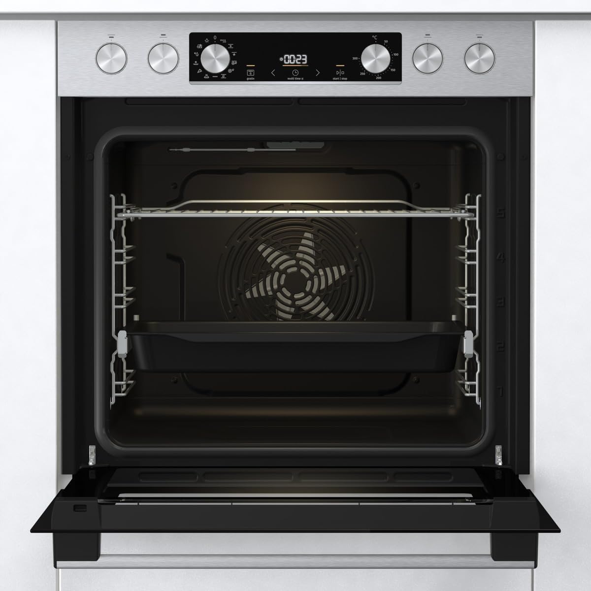 Gorenje Einbauherd-Set Heißluft Inox Set 4 mit Glaskeramik-Kochfeld / 77 Liter / ExtraSteam / GentleClose  und  Open / EcoClean / AirFry / PizzaMode / PerfectGrill / Teleskopauszüge / Inox-Look