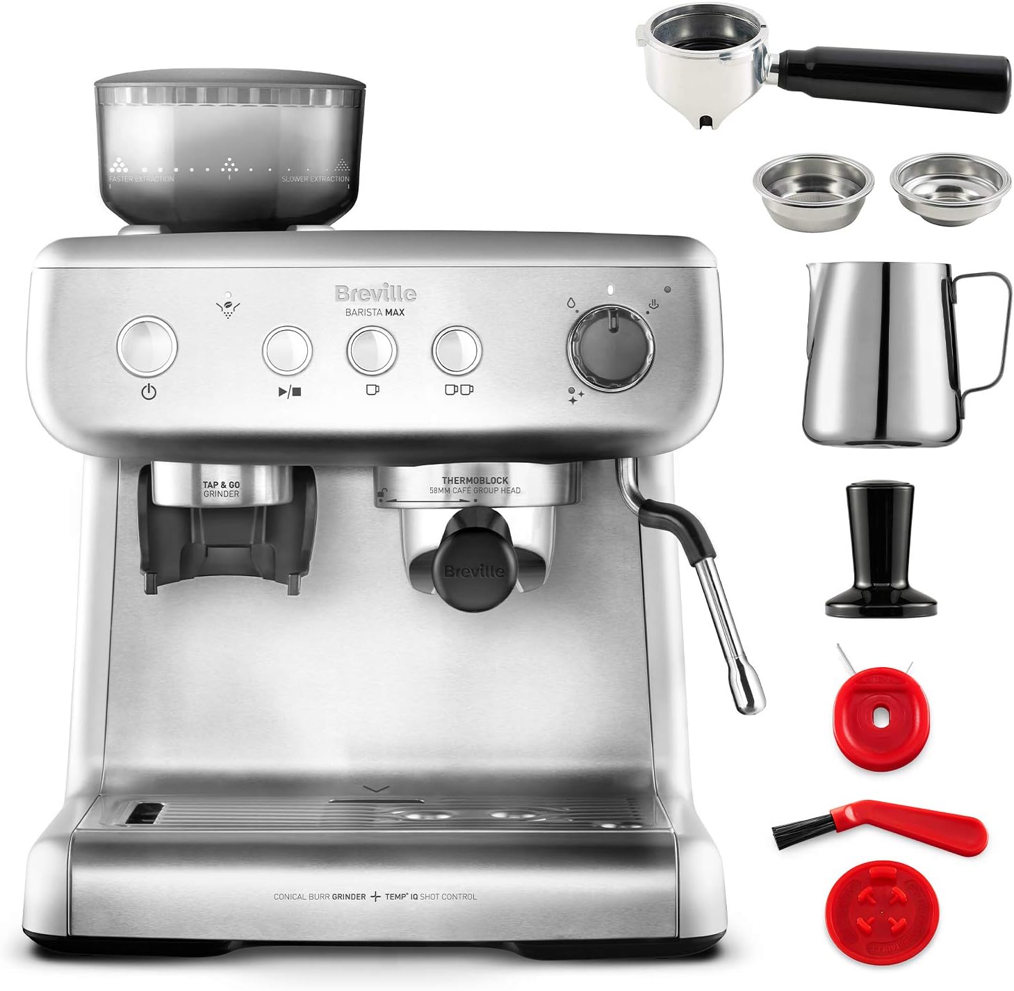 Breville Barista Max Siebträgermaschine | Espressomaschine/Kaffeemaschine mit integriertem Mahlwerk und Milchaufschäumer| 2,8-l-Wasserbehälter | Italienische Pumpe mit 15 Bar | Edelstahl [VCF126X]