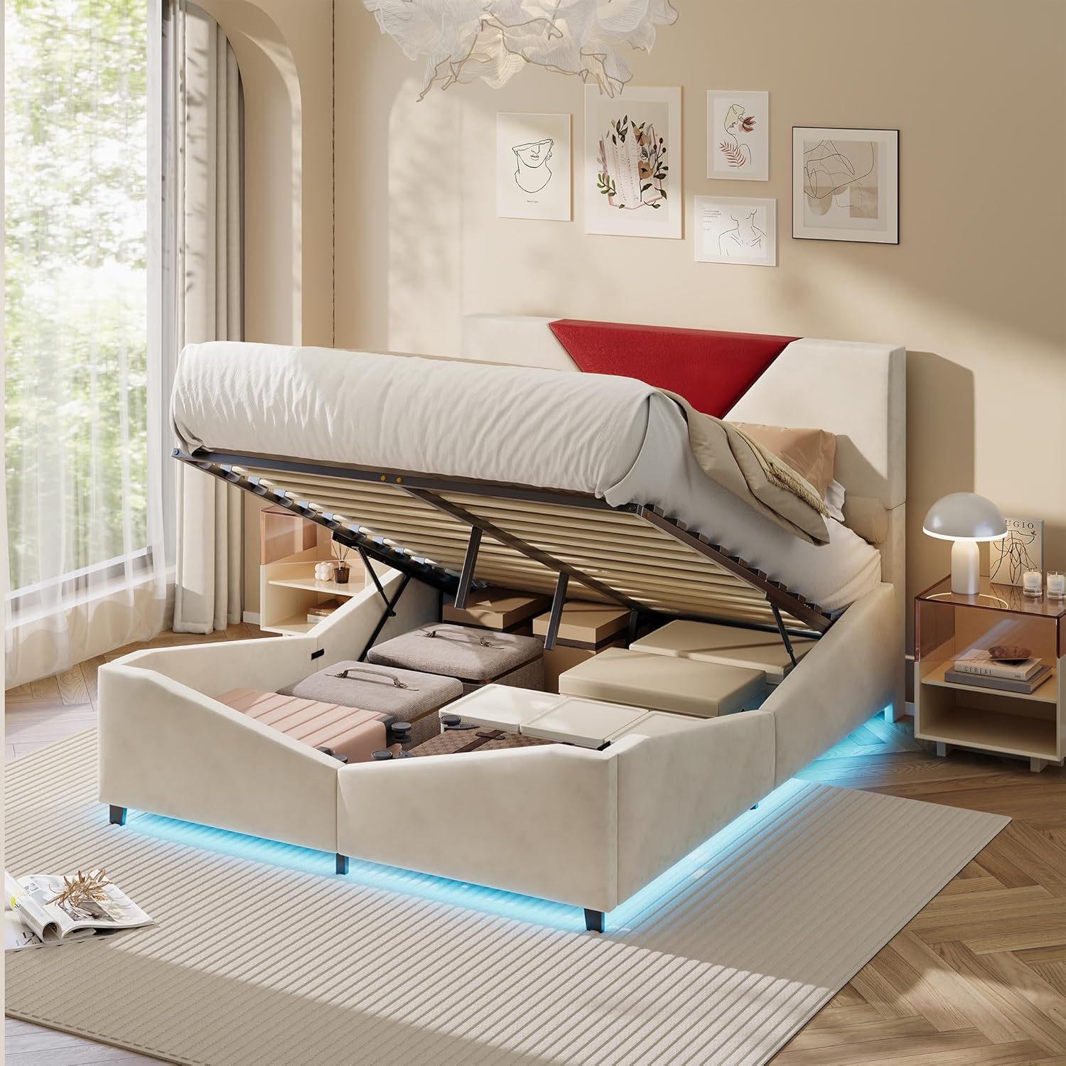 Letto imbottito 140 × 200, letto a cassapanca con LED, letto matrimoniale imbottito con ripostiglio letto cassettiera con rete in tavola telaio del letto con contenitore cassettiera (bianco