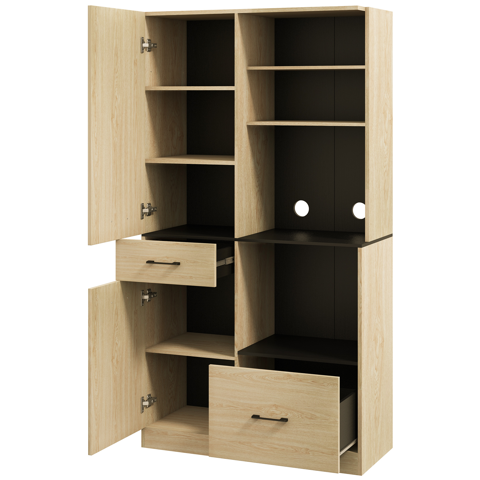 HOMCOM Küchenbuffetschrank mit 2 Schubladen 2 Schränken 4 Fächern höhenverstellbaren Regalen und Kabeldurchlass H170 cm Schwarz Natur