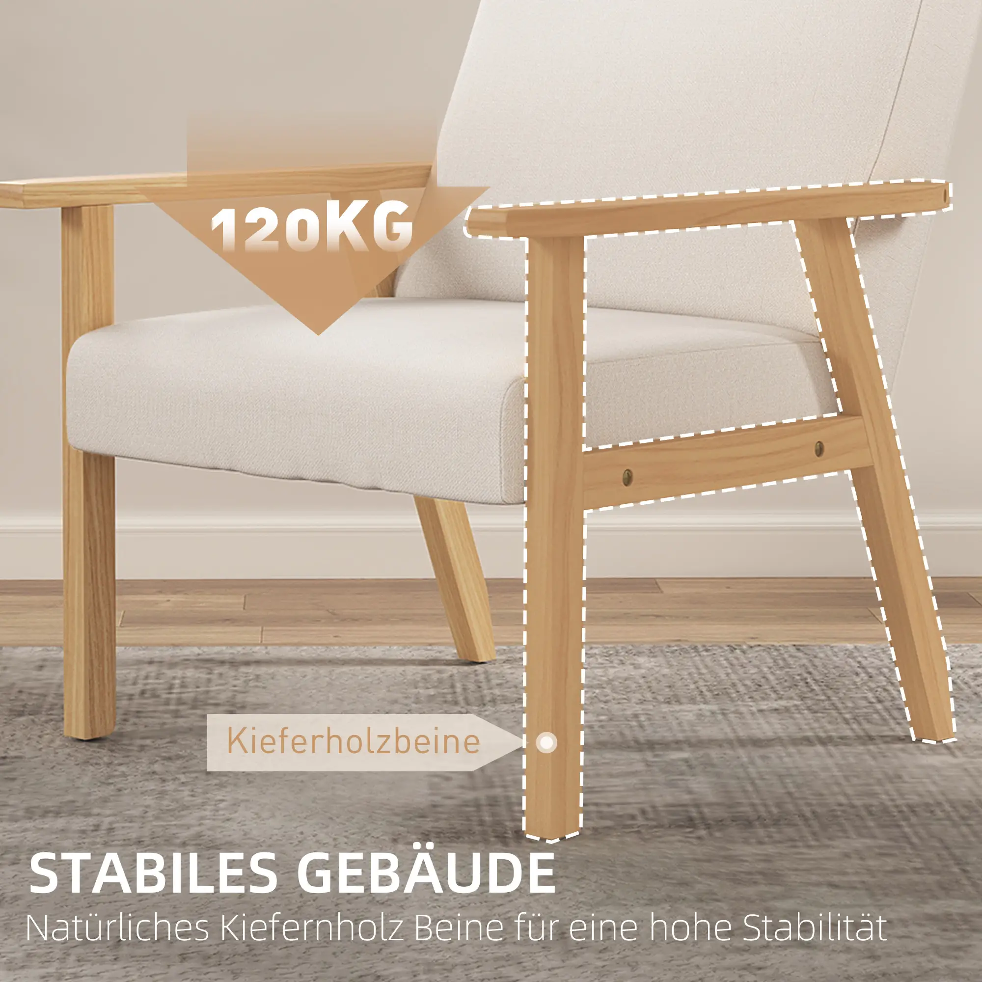 HOMCOM Polsterstuhl Akzentsessel skandinavisches Design breite Sitzfläche cremeweiß